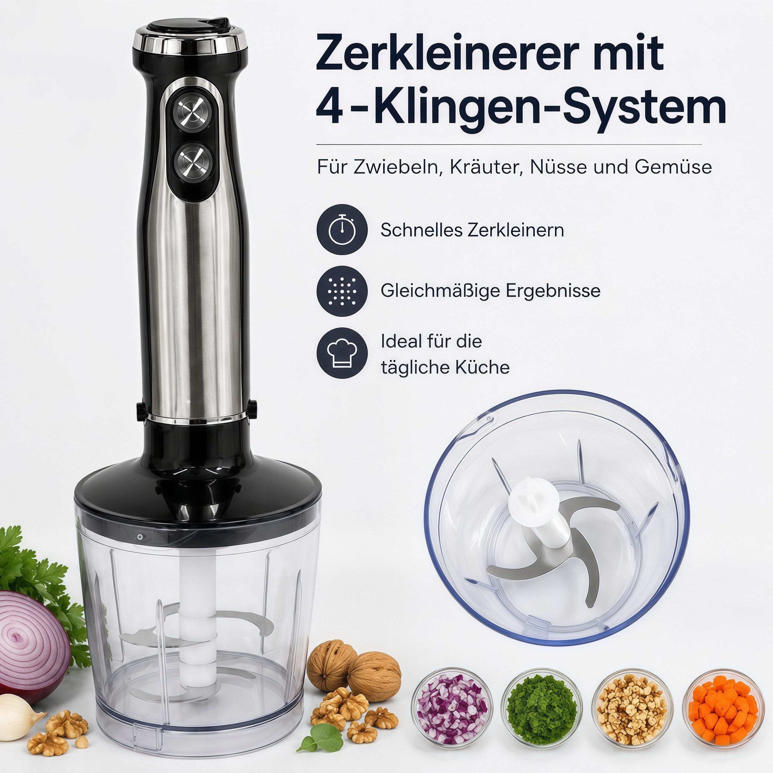 ibettertec Stabmixer 5-in-1 mixer Set,Edelstahl Pürierstab mit stufenloser Geschwindigkeit, 1500 W, Handmixer,Zerkleinerer, Schneebesen, Milchaufschäumer und Me – Bild 5 von 5