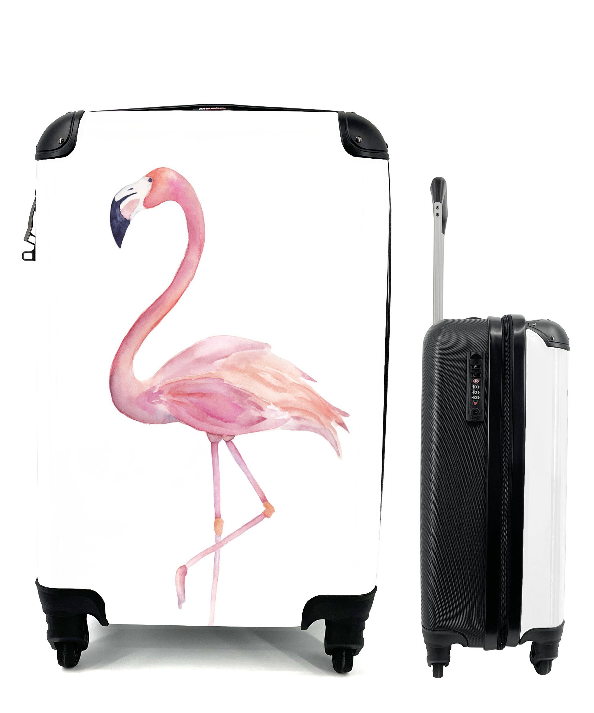 - für mit Aquarell MuchoWow Flamingo Trolley, Ferien, rollen, Handgepäck 4 Handgepäckkoffer Rollen, Rosa, Reisekoffer - Reisetasche