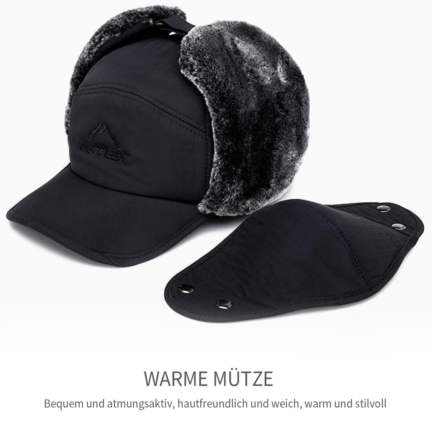 Refttenw Fleecemütze Herren Schirmmütze Innenfutter Wintermütze mit Ohrenwärmer Masken Winddicht Trappermütze Warmes Futter