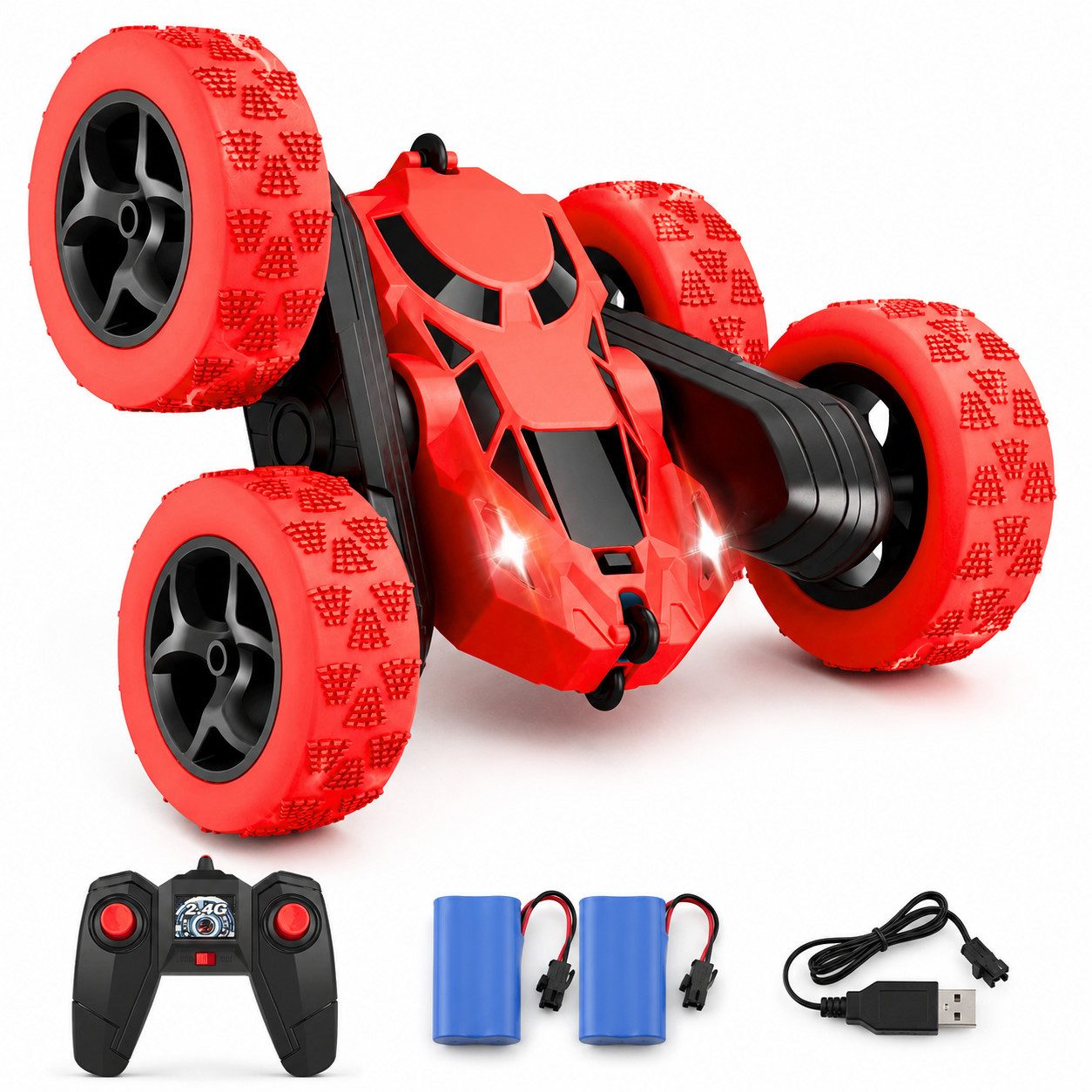 Diyarts RC-Auto (Ferngesteuertes Stuntauto inkl. 2 Akkus & Fernbedienung, Spiel-Set mit Zubehör), Stuntauto 360°-Action, LED-Lichtern & 60 Min. Spielspaß