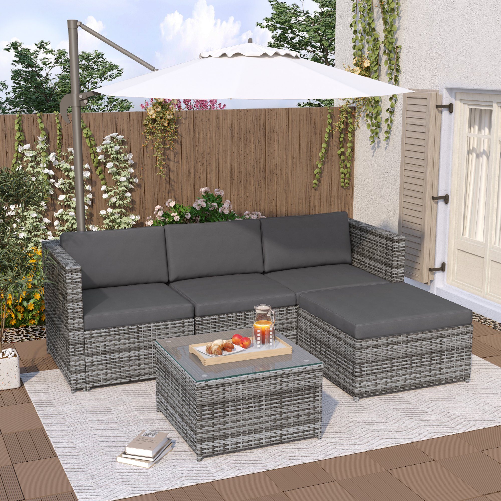 Gartenlounge-Set, (5-tlg., Gartenmöbel Set für 4 Personen), Polyrattan Sitzgruppe mit Garten-Sofa, Garten-Tisch und Hocker