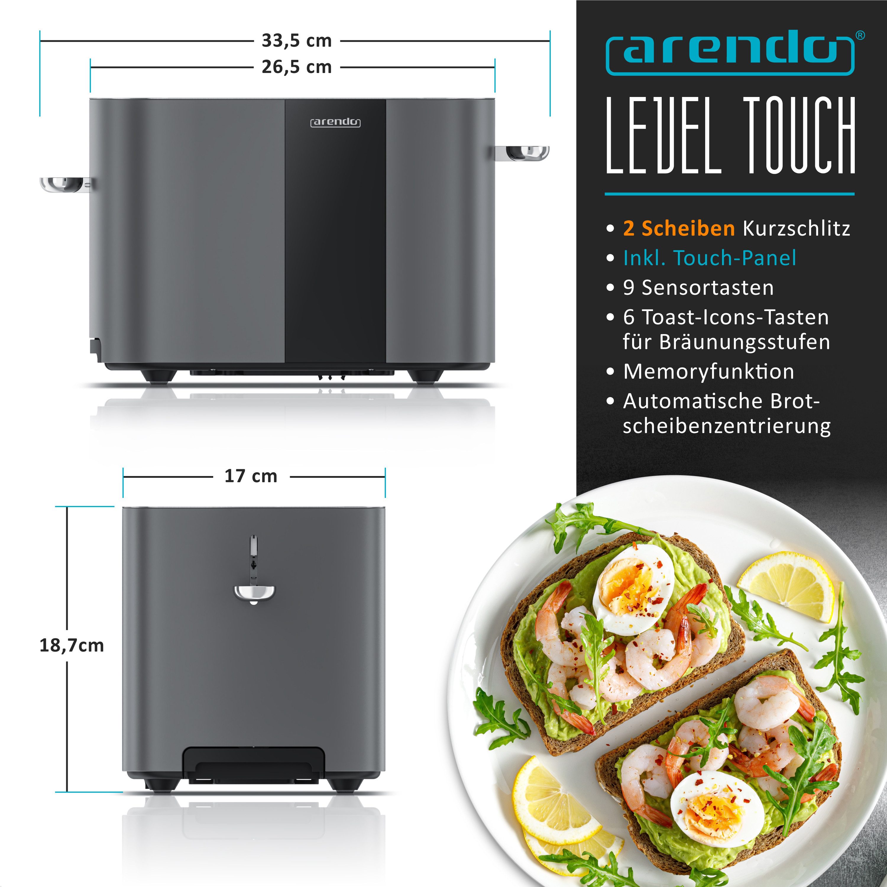 Arendo Toaster Edelstahl, Kurzschlitz, Touch Display, Restzeit & Bräunungsgradanzeige, 2 Schlitze, für 2 Scheiben, 800 W, Brötchenaufsatz, Wärmeisoliert, Toast-Symbole für Bräunungsgradauswahl