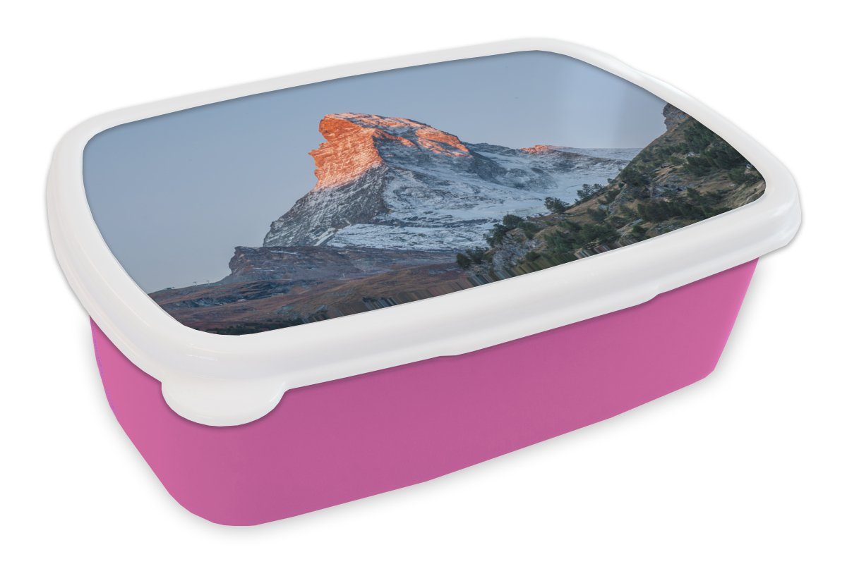 MuchoWow Lunchbox Das Matterhorn in der Schweiz bei Sonnenaufgang, Kunststoff, (2-tlg), Brotbox für Erwachsene, Brotdose Kinder, Snackbox, Mädchen, Kunststoff rosa