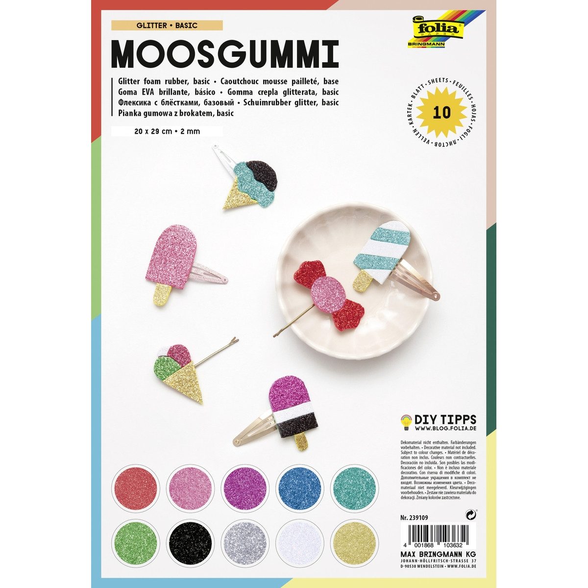 Folia Max Bringmann KG Moosgummi folia Moosgummi Glitter mehrfarbig 20x29cm 10 Blatt