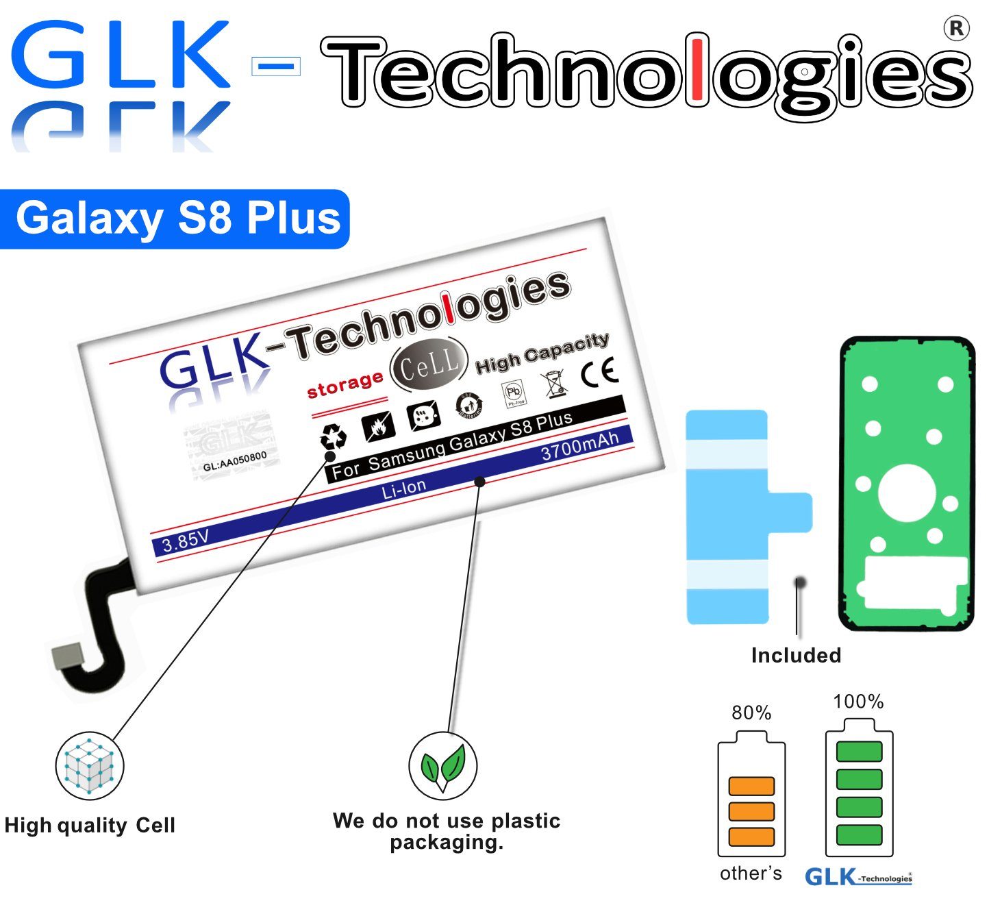 GLK-Technologies High Power Ersatzakku kompatibel (3.85 Ohne + S8 mit Plus Samsung Smartphone-Akku V) mAh EB-BG955ABE SM-G955F Galaxy Set 3700