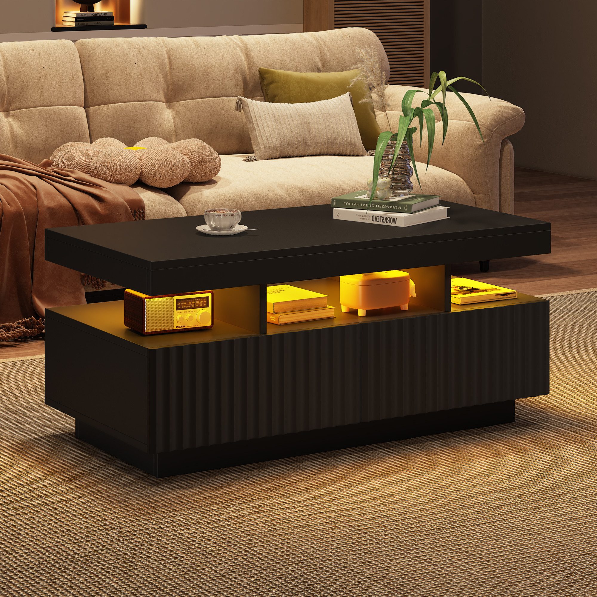 OKWISH Couchtisch Teetisch mit Vertikal gestreifter (Packung, 1-St., zwei Schubladen), mit LED-Lichtleiste