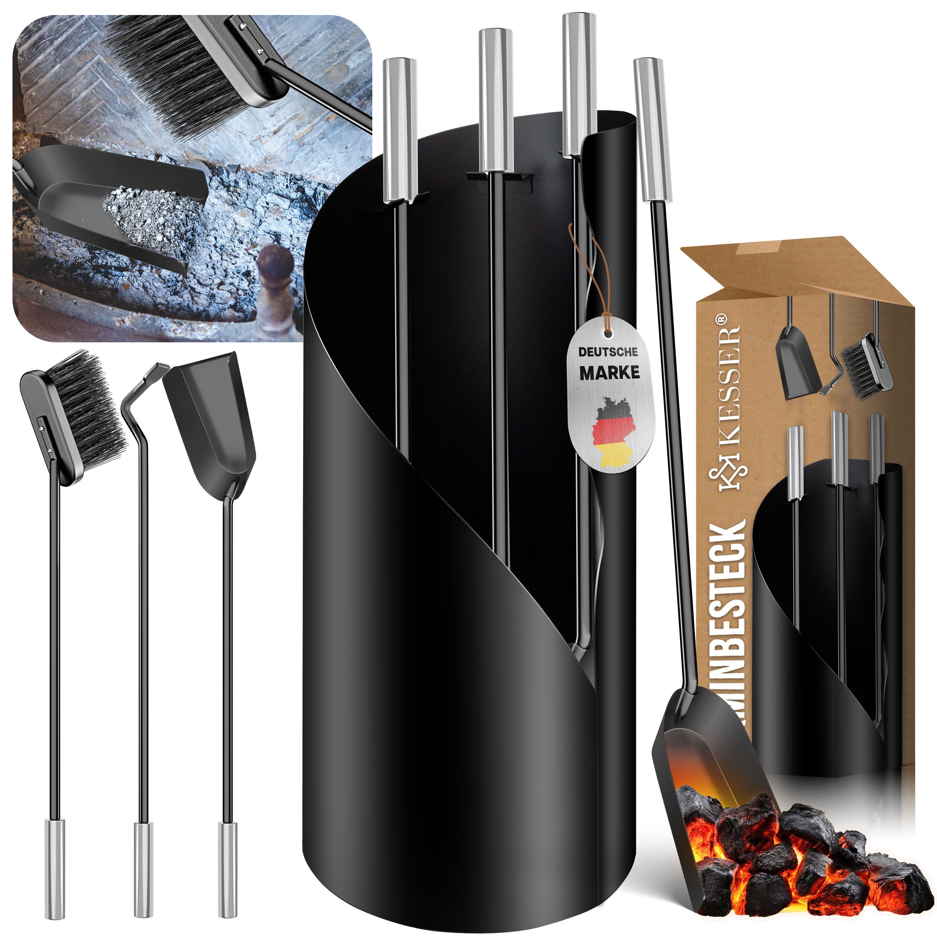 KESSER Kaminholzkorb, Kaminbesteck Set 4-teiliges Kaminzubehör Modern Design