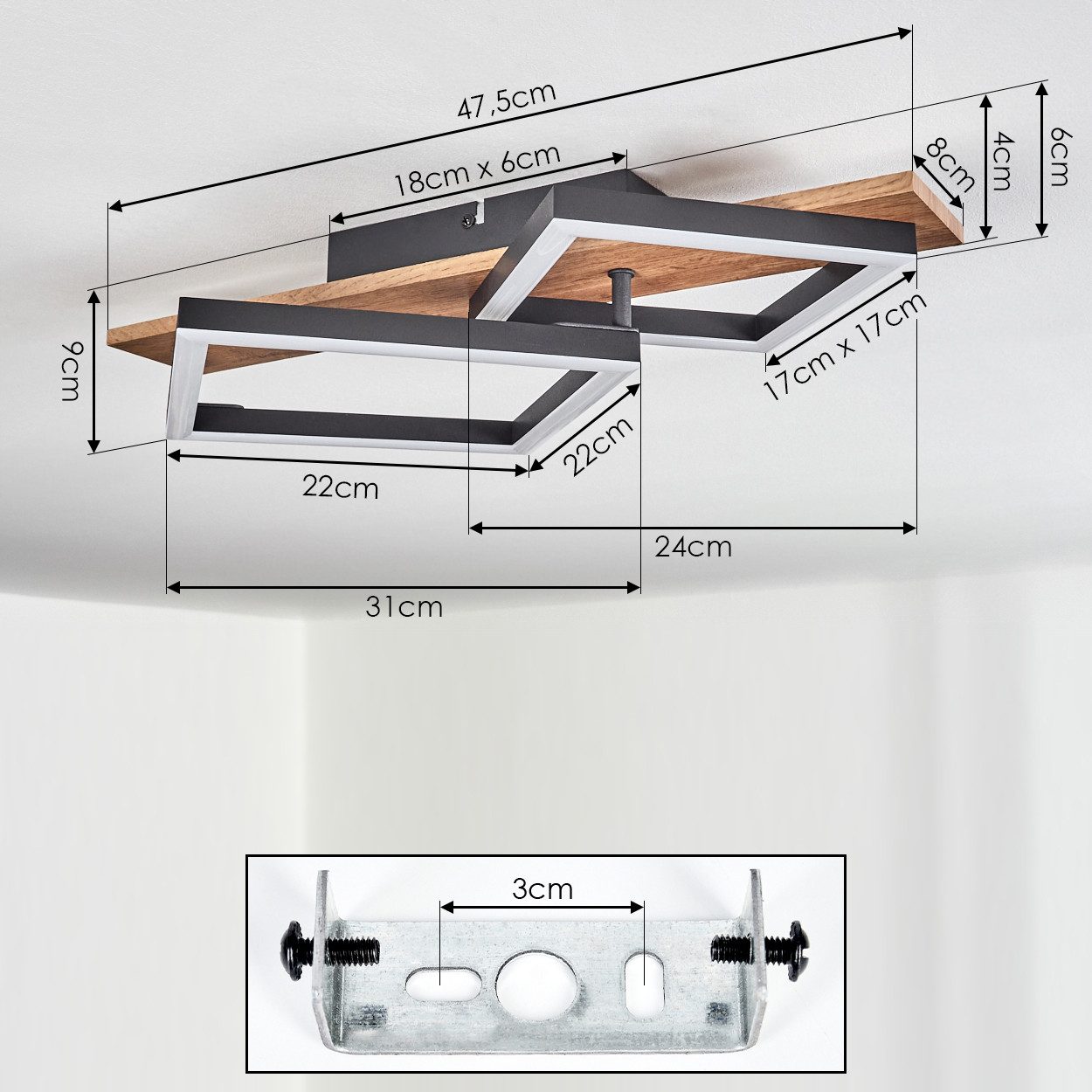 hofstein Deckenleuchte Deckenlampe aus Metall/MDF/Kunststoff in Schwarz/Holzoptik/Weiß, LED fest integriert, 3000 Kelvin, 2-flammig, 18 Watt, 2100 Lumen, 3000 K – Bild 4 von 5