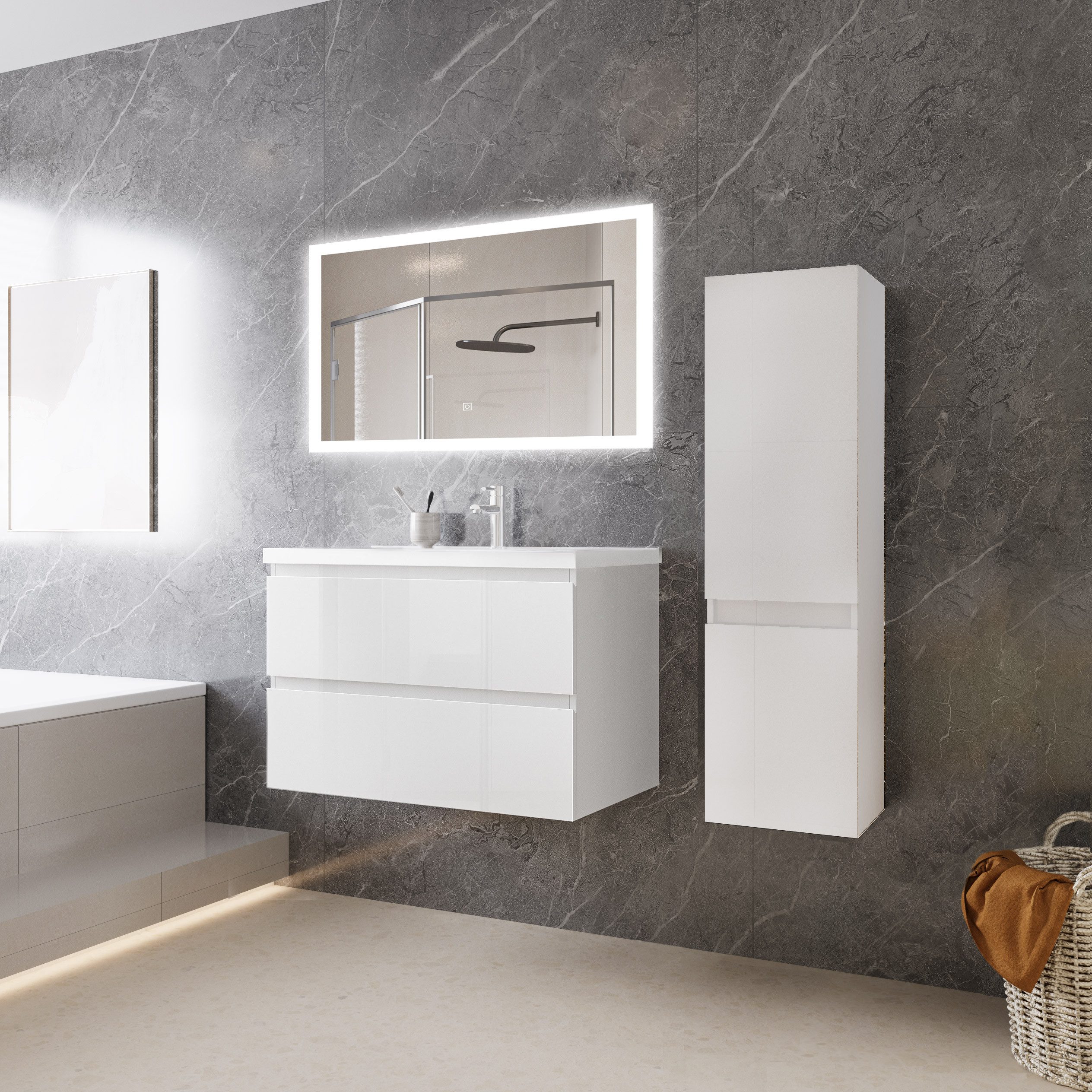 duschspa Waschtisch Badmöbel Set Waschbecken mit Unterschrank MDF, Hochglanz, Softclose, mit Überlauf