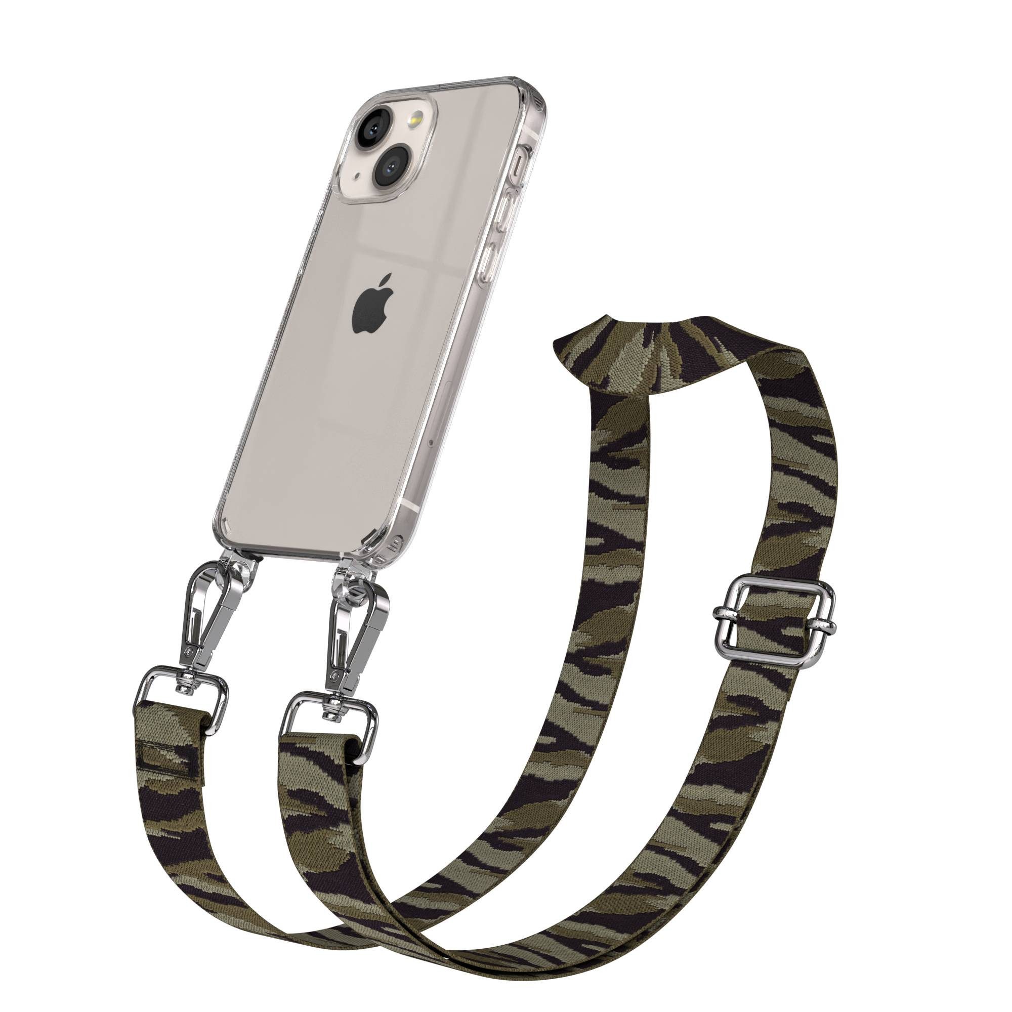 EAZY CASE Handykette Umhängeband für Apple iPhone 13 Mini 5,4 Zoll, Handyhülle mit Camouflage Kette Crossbody Funktion Grün