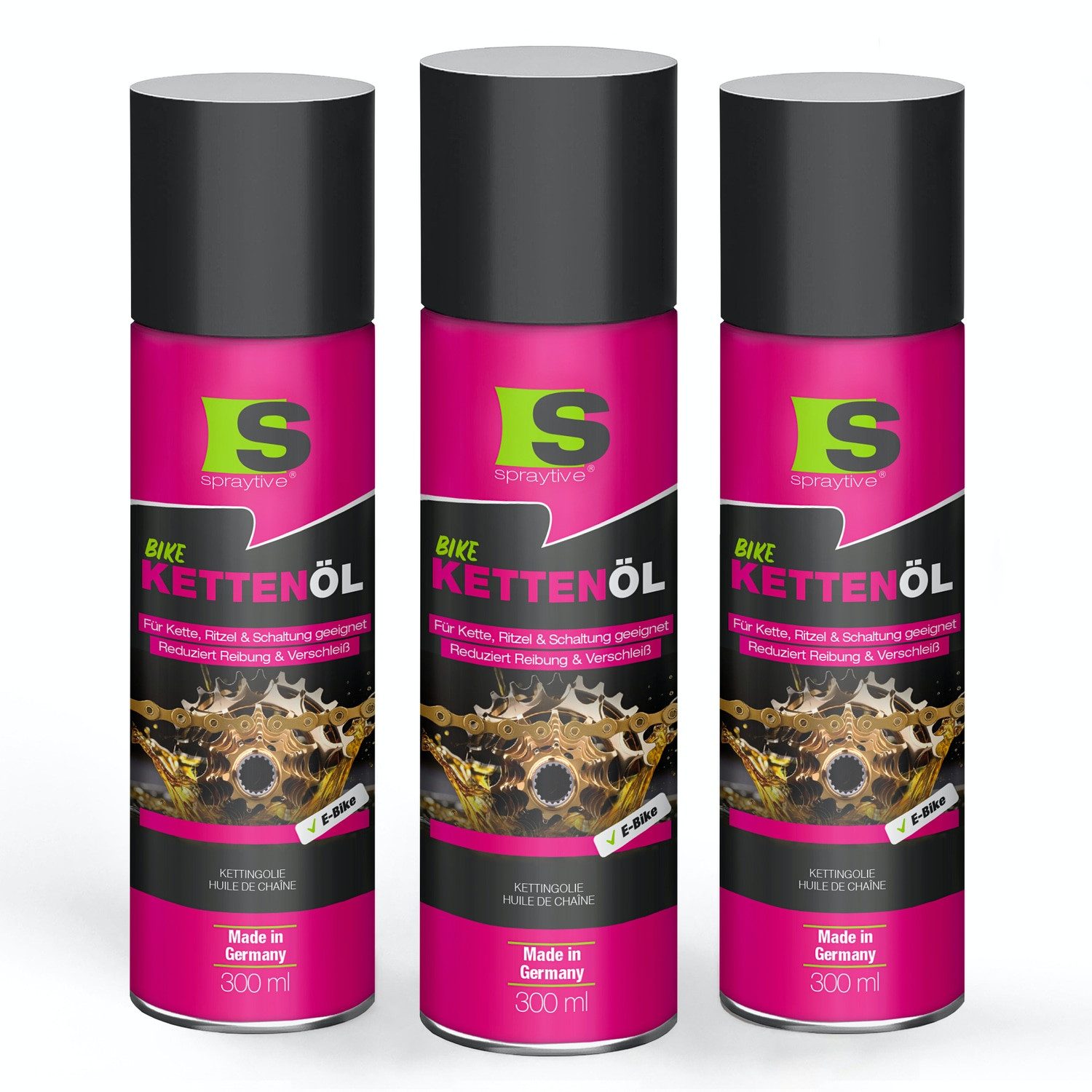 Spraytive Fahrradöl 3x 300ml Kettenöl-Spray - für Fahrrad & E-Bike - Fahrradkettenöl, schützt Kette, Ritzel & Schaltung