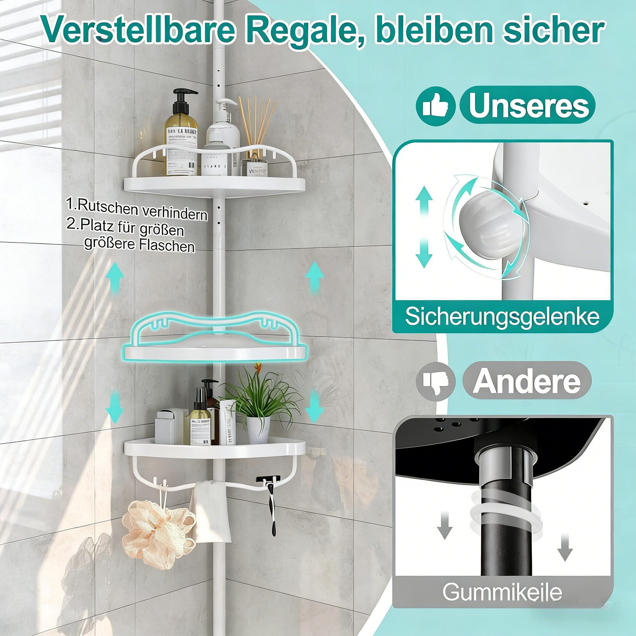 Kityhome Duschablage Höhenverstellbarer Eck-Duschregaler bis zur Decke-4 Etagen Organizer, platzsparendes eck-design, bohrfreie spannstangen-montage