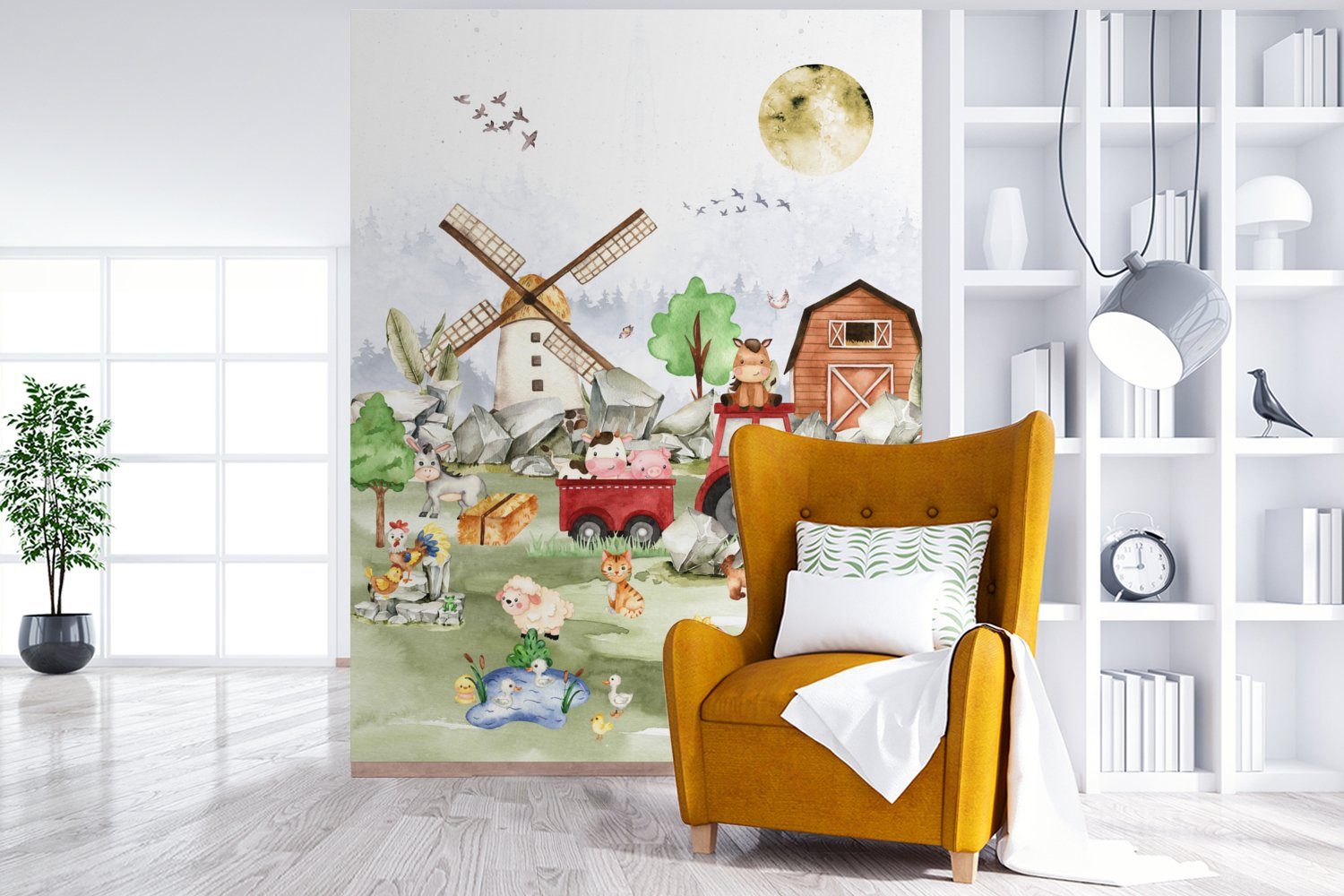 MuchoWow Fototapete Bauernhof - Traktor - Kinder - Tiere, Matt, bedruckt, Wallpaper für Wohnzimmer, Schlafzimmer, Vinyl Tapete, 165x220 cm