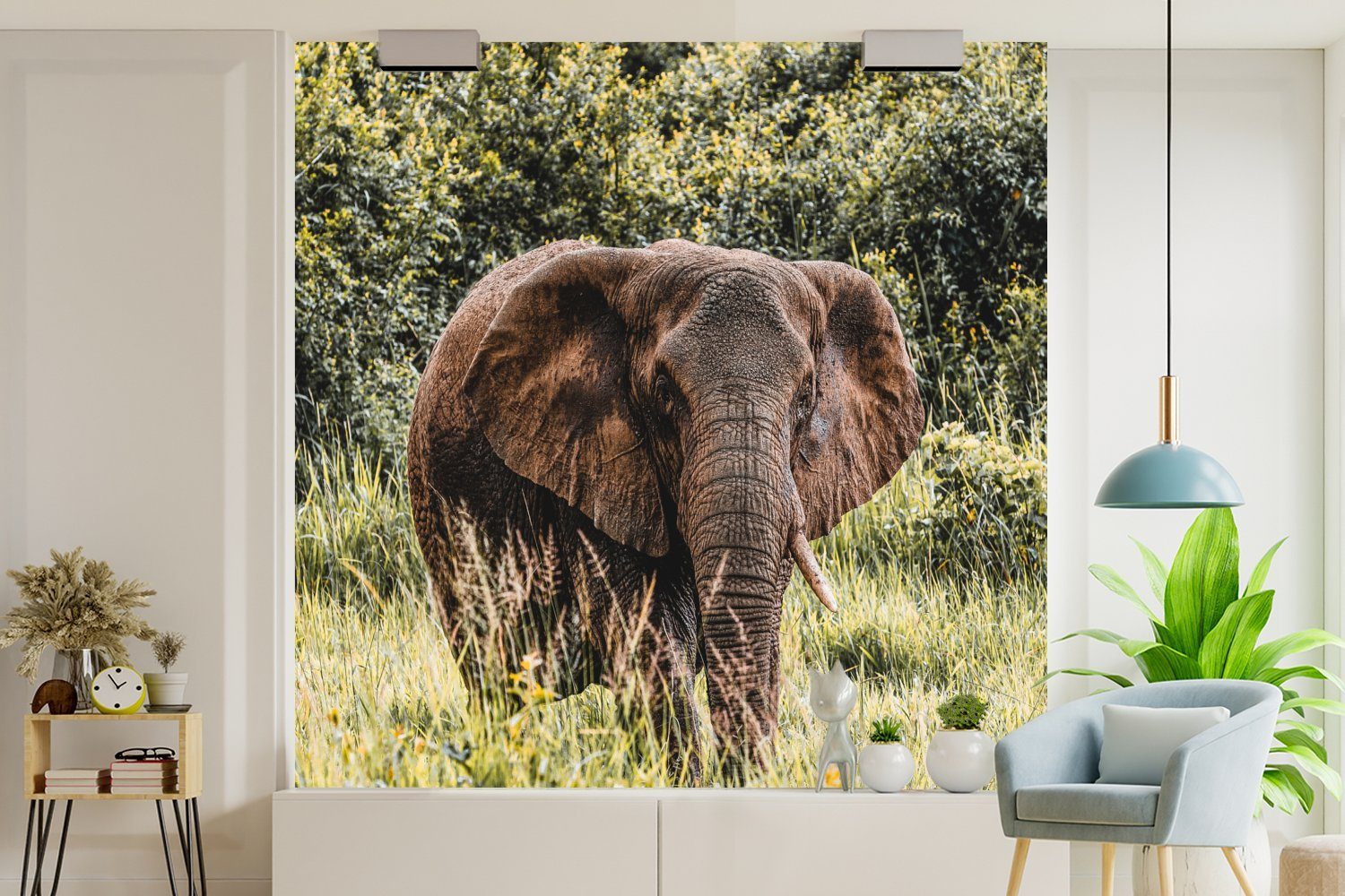 MuchoWow Fototapete Elefant - Wohnzimmer Tapete (5 Natur, - oder Schlafzimmer, St), für bedruckt, Vinyl Gras Matt, Wandtapete
