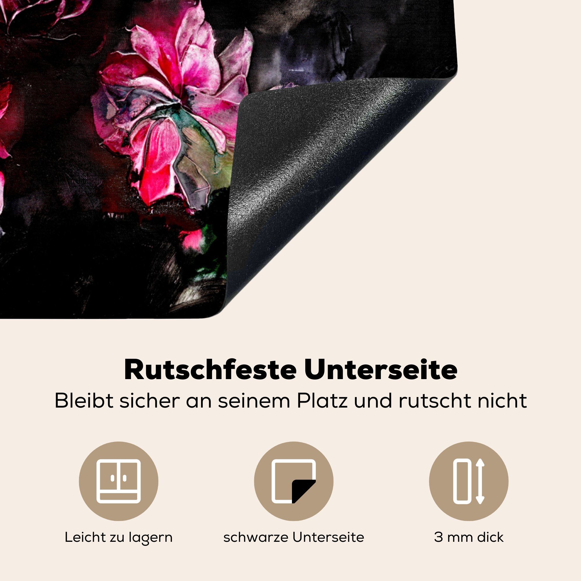 Mobile Schwarz, 60x52 nutzbar, MuchoWow Farbe tlg), Kunst - cm, Blumen Vinyl, - - Arbeitsfläche Herdblende-/Abdeckplatte Ceranfeldabdeckung Rosa - (1