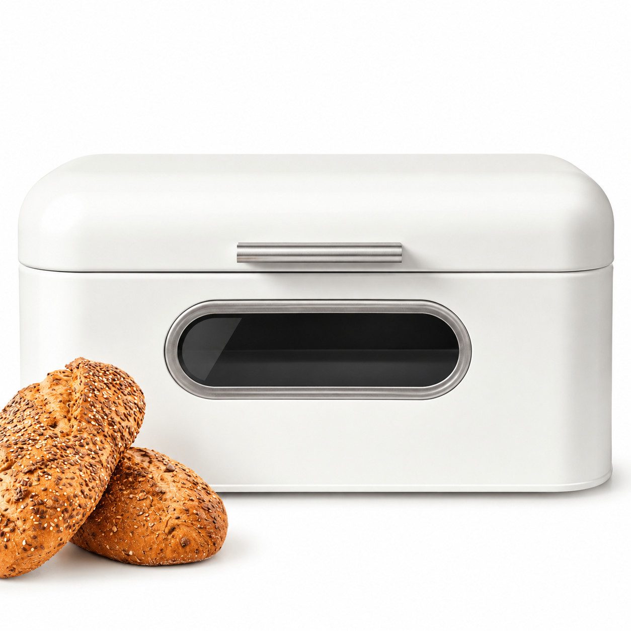 Sendez Brotkasten mit Sichtfenster Klappdeckel Brotaufbewahrung Brotkorb, Metall, (1x Brotkasten), Weiß