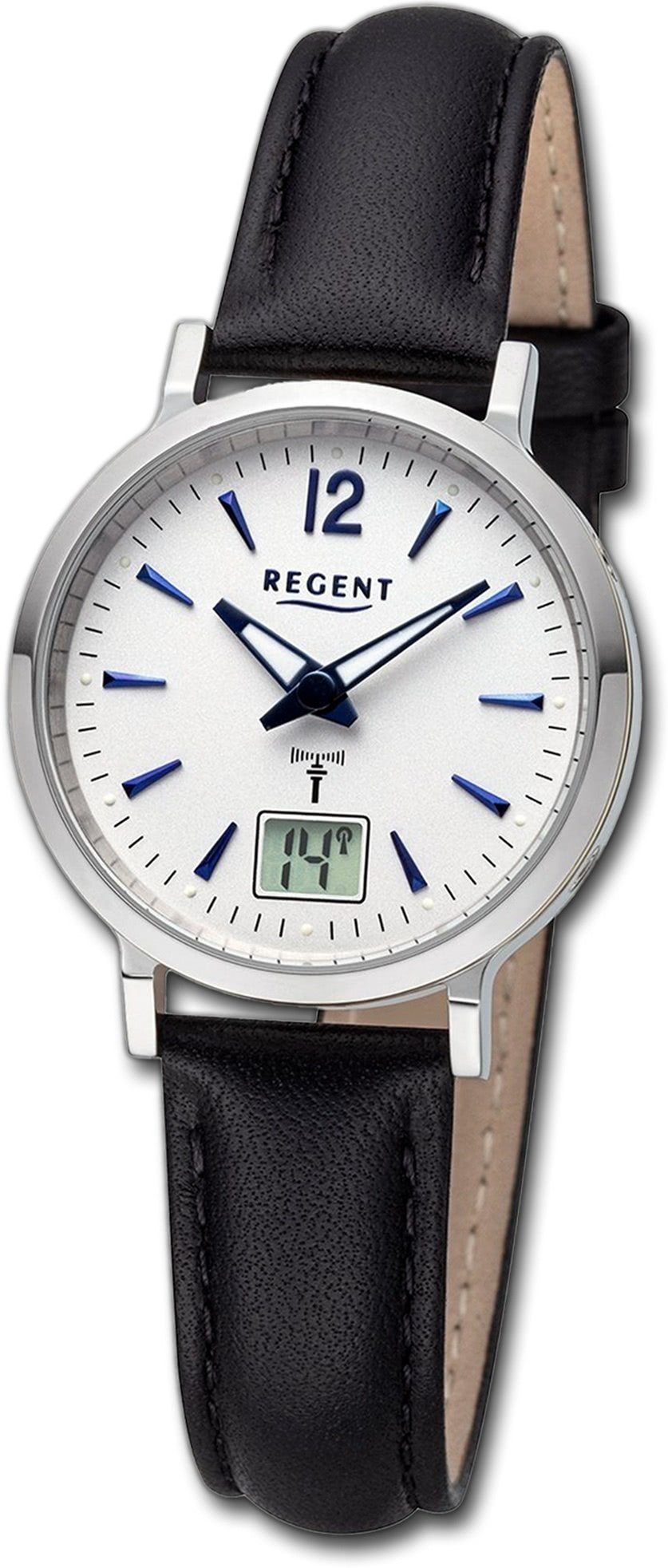 Regent Quarzuhr Regent Damen Armbanduhr Analog-Digital, Damenuhr Lederarmband schwarz, rundes Gehäuse, extra groß (ca. 30mm)
