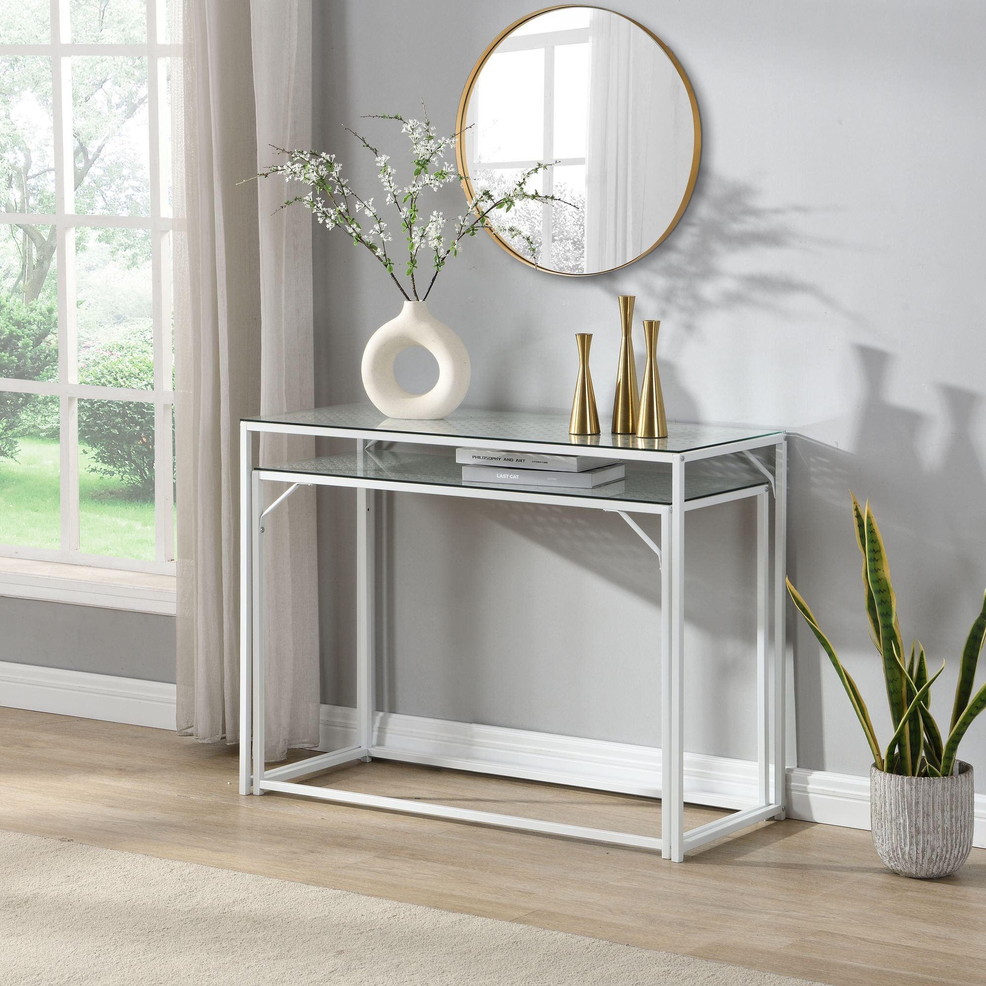 FINEBUY Konsolentisch FB72752 2er Set e Flurtische Metall Glasplatte Modern Industrial (Dekotische 2er Set Weiß Glas Metall Modern), Ablagetische Wohnzimmer, Gl – Bild 4 von 5