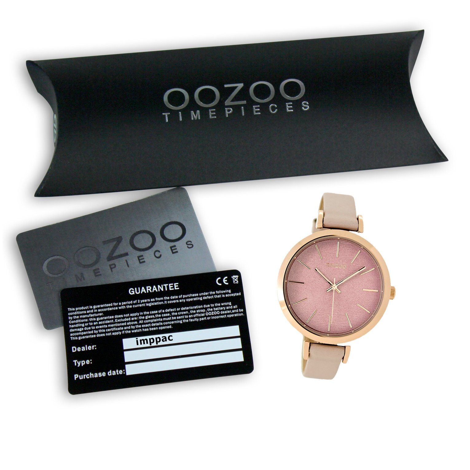 Damen Uhren OOZOO Quarzuhr UOC9136 Oozoo Armbanduhr Damen rosegold, Damenuhr rund, groß (ca. 40mm), Lederarmband, Fashion-Style