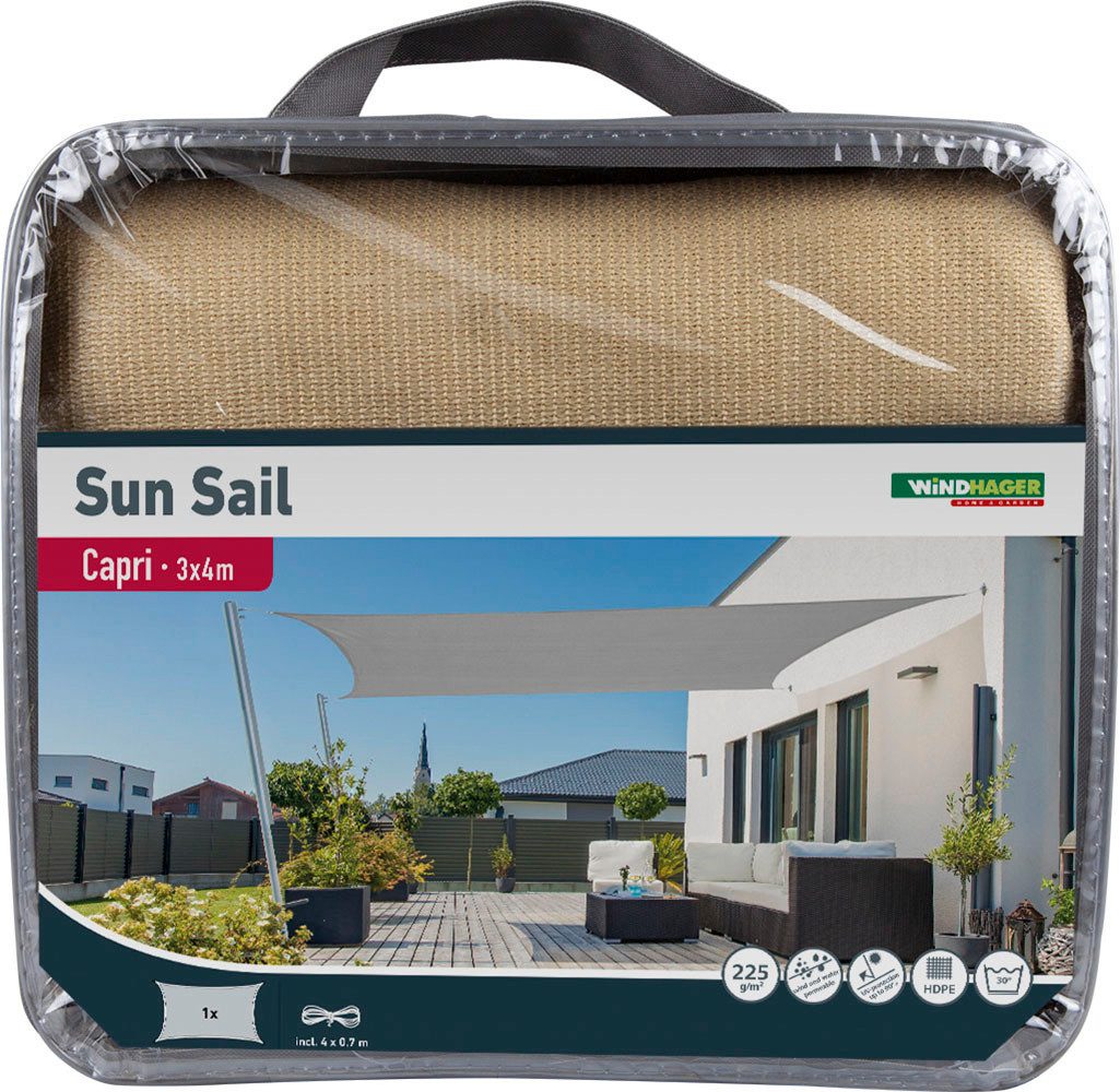 Windhager Sonnensegel Capri, Rechteckiges Segel zur Beschattung von Garten, Terrasse, Balkon, (1-tlg), Sonnenschutz 3 x 4 m, erhältlich in grau, champagner oder reed