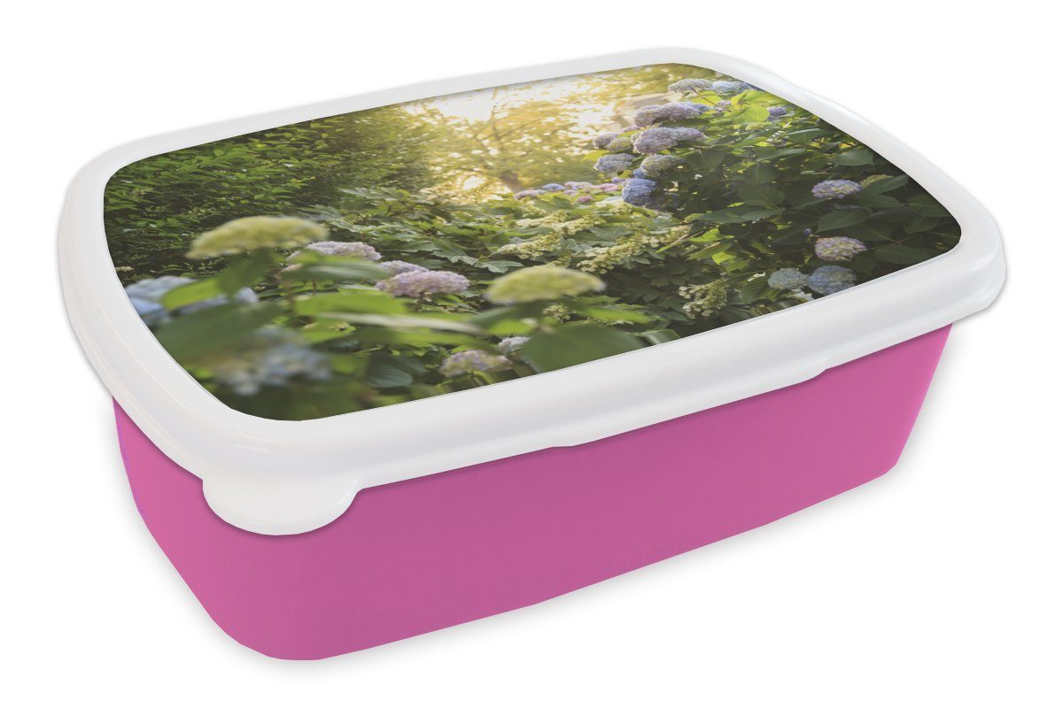 rosa Hortensiengarten, (2-tlg), Mädchen, Brotdose Kinder, Brotbox Kunststoff, MuchoWow Kunststoff für Erwachsene, Lunchbox Snackbox,