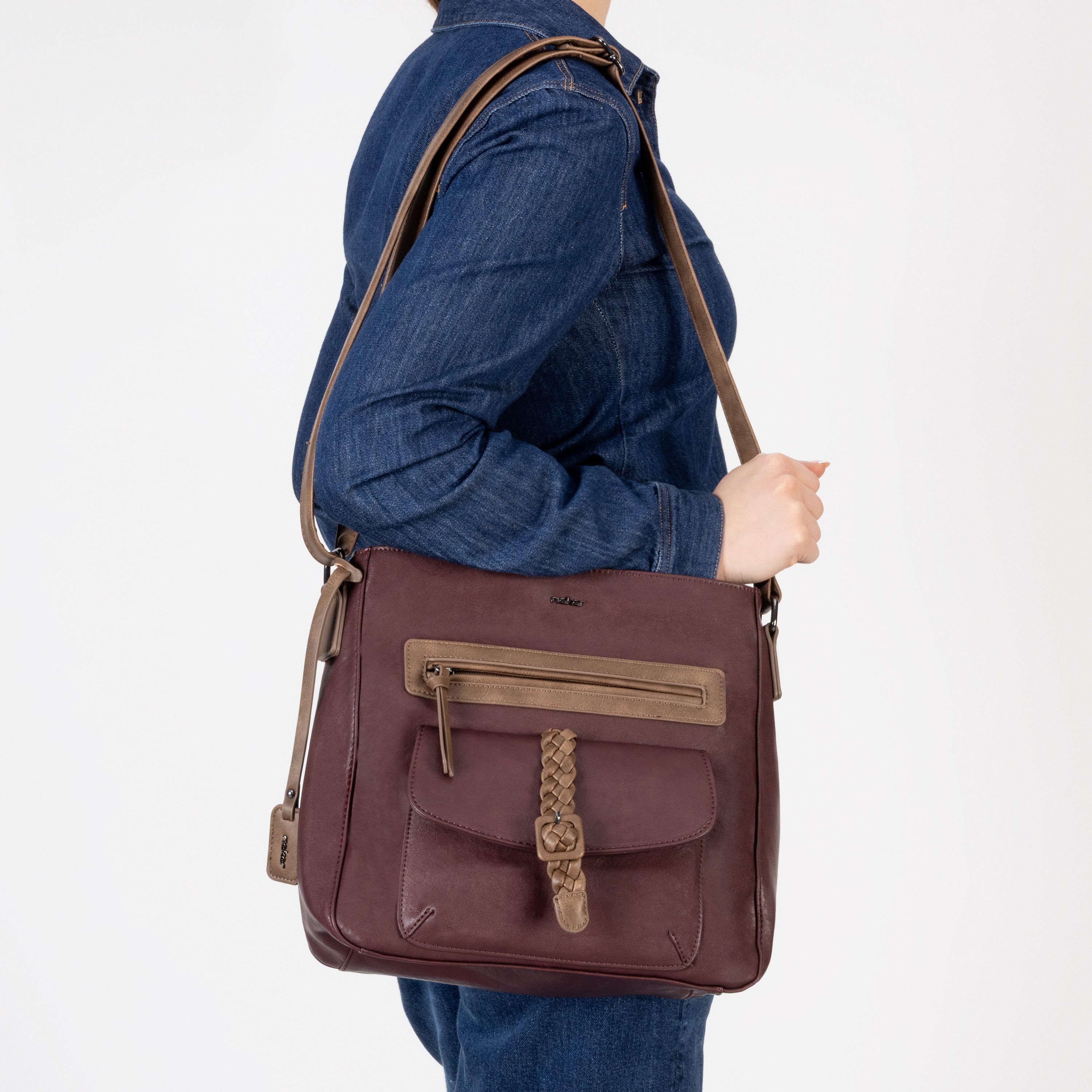 Rieker Umhängetasche, Damen Schultertasche, Vortasche mit geflochtenem Riemchenverschluss