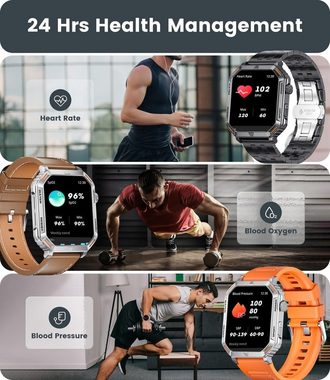 Lige Smartwatch (1,96 Zoll, Android iOS), für Herren mit Telefonfunktion Militär Touchscreen 400mAh Fitnessuhr