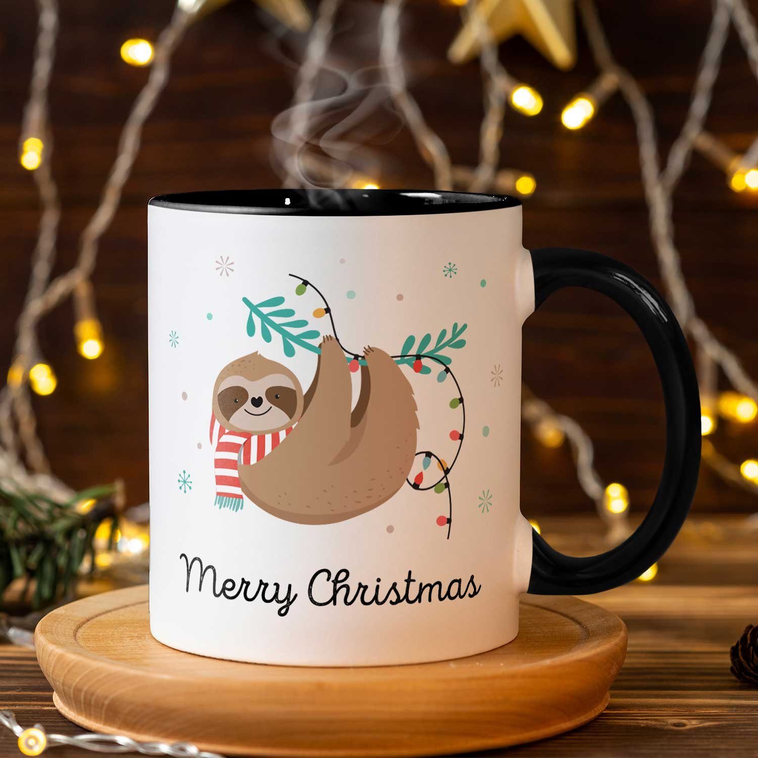 GRAVURZEILE Tasse mit Weihnachtsmotiv - Merry & Frauen Weihnachten, Faultier Männer - - Schwarz Christmas Weiß für zu und Geschenke Spülmaschinenfest