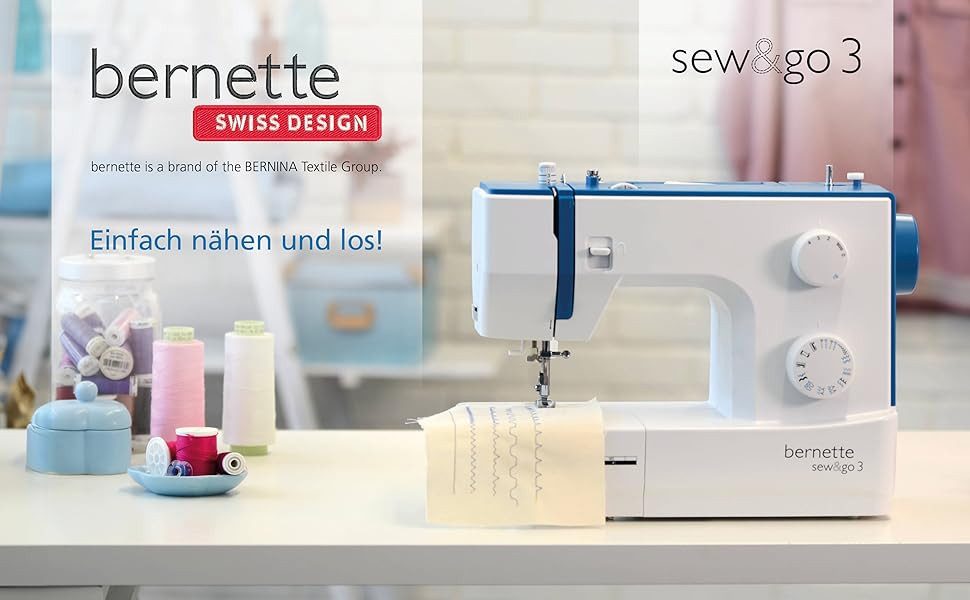 Bernette Freiarm-Nähmaschine sew&go 3 - Einfädelautomatik, Fadenabschneider, einfache Bedienung, 19 Programme, Einstellbar: Stichlänge, Fadenspannung, Nähfußdruck - 4 Nähfüße