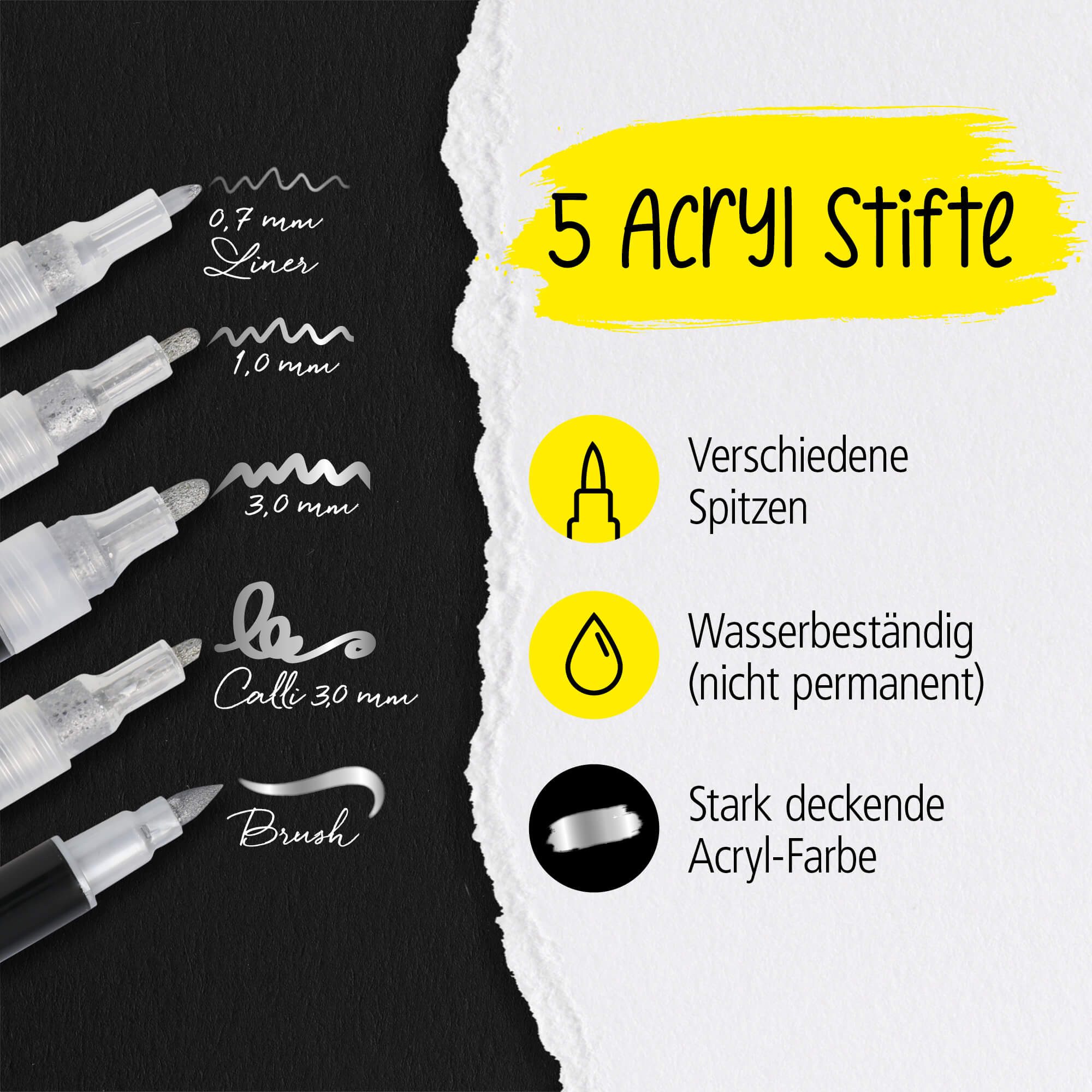 Online Pen Fineliner Silver Lettering, (5x goldene Metallic-Acryl-Stifte, deckend, Handlettering-Stifte mit verschiedenen Spitzen), Fineliner, Brushpen, Marker, Kalligrafie-Stift