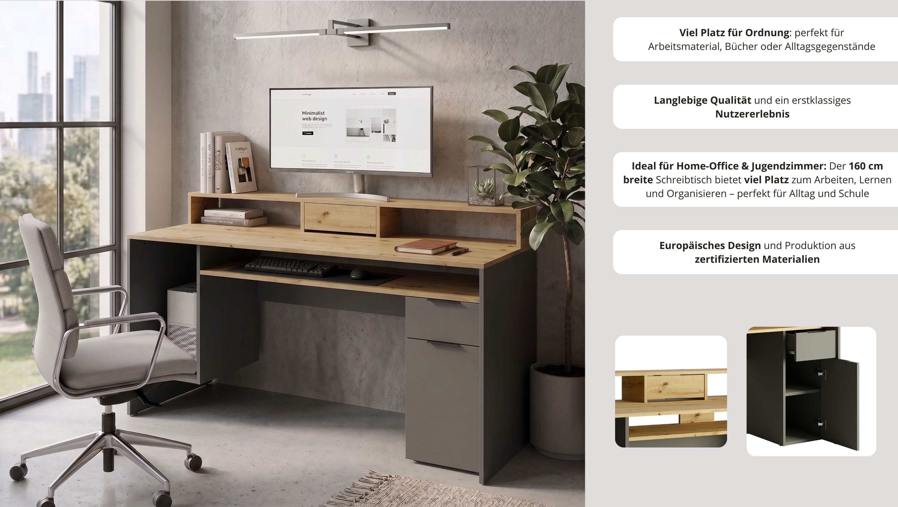 OTTO home Schreibtisch Peooria Computertisch mit Monitoraufsatz & Towerfach, viel Stauraum, Büroschreibtisch, Gamingtisch mit Schublade, modern, Breite 160 cm