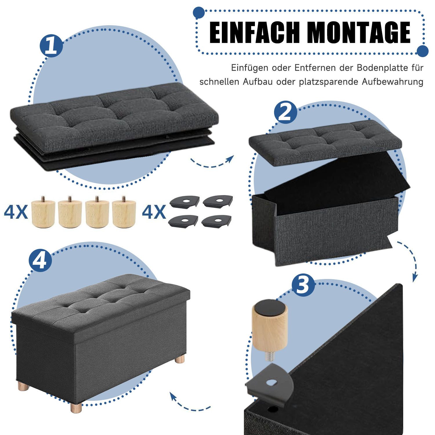 SURFOU Sitzhocker mit Stauraum und Deckel Aufbewahrungsbox Fußhocker bis 300 kg (für Wohnzimmer Schlafzimmer Flur), Hocker mit Stauraum mit Holzfüßen – Bild 4 von 5