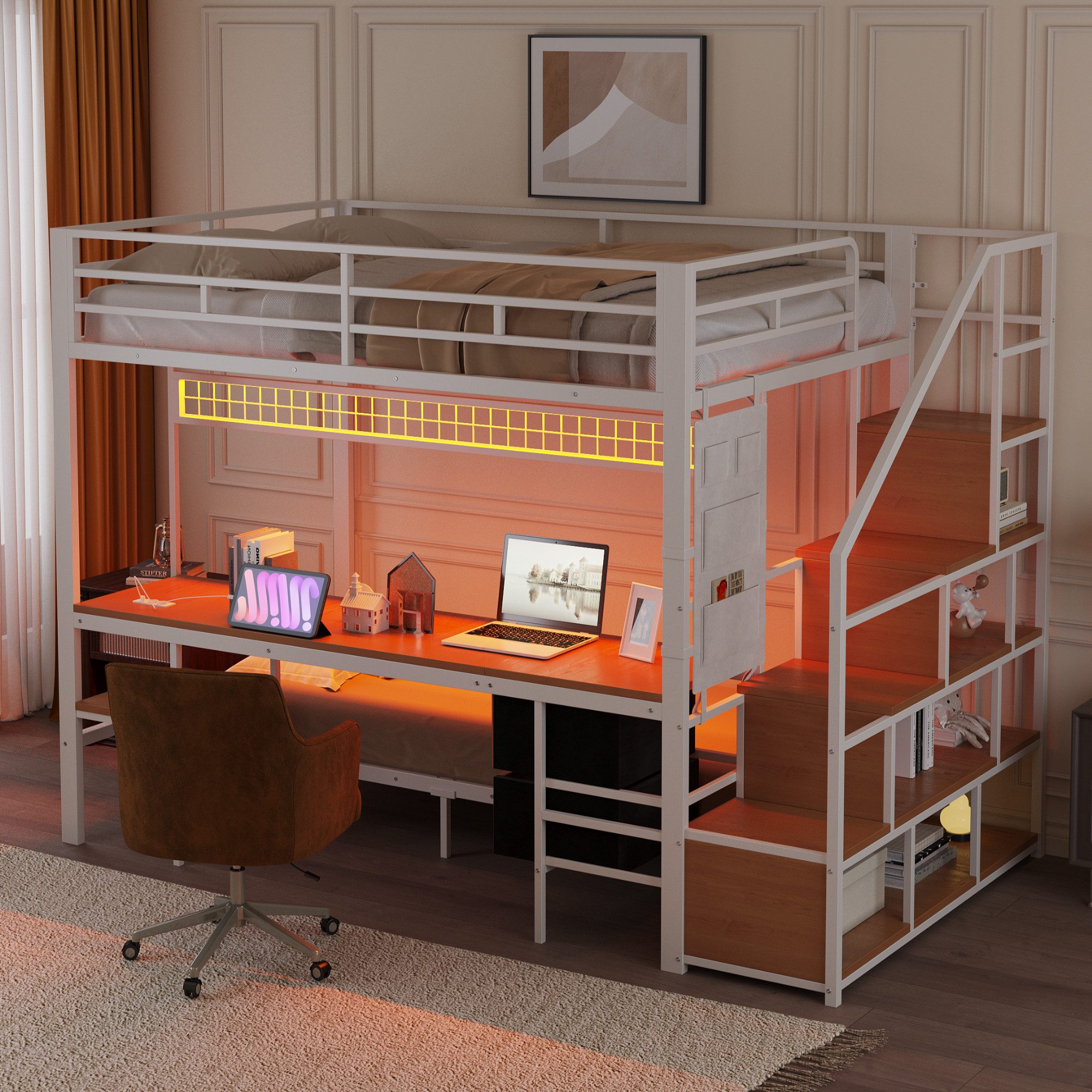 OKWISH Etagenbett Jugendbett Metallbett (mit Schreibtisch und LED-Beleuchtung, Platzsparendes Multifunktionsbett mit Steckdosen, offenem Stauraum und Stoffschubladen, 140x200 cm Oberbett und 90x200 cm Unterbett), ohne Matratze