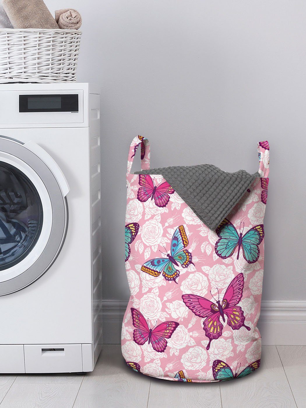 Pink Waschsalons, Kordelzugverschluss Abakuhaus Wäschekorb Griffen für Frühling Pale mit Blumen Wäschesäckchen Romantische