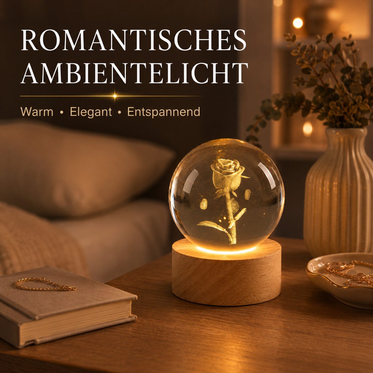 formano LED Dekolicht Kristallkugel Rose 3D LED Holzsockel Glas Kugel 8 cm eingelasert, LED fest integriert
