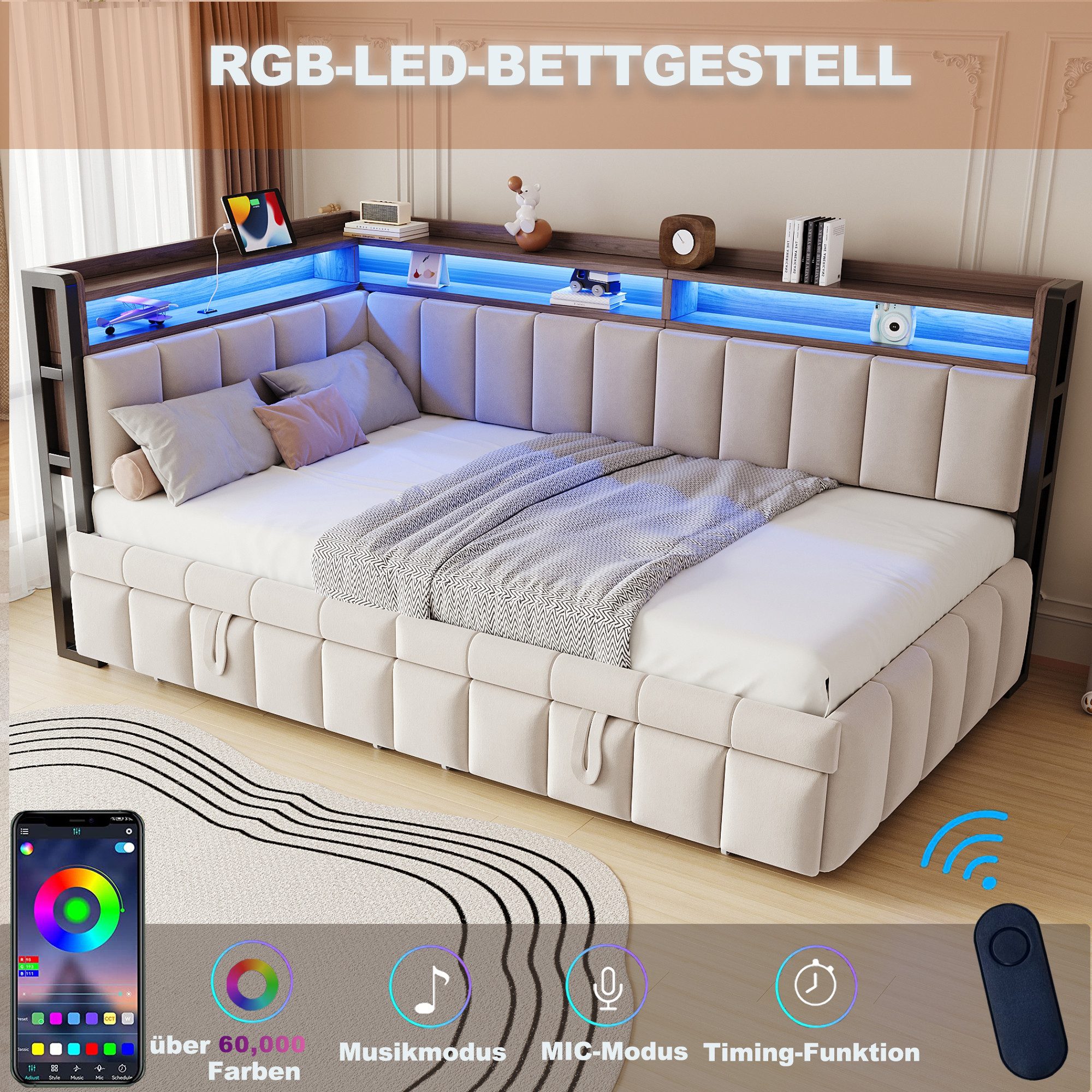 Merax Daybett 90x200cm Schlafsofa mit LED-Beleuchtung & USB-Anschluss (Sofabett Jugendbett Kinderbett, 1 tlg), Polsterbett Samtstoff Tagesbett mit Ausziehbett S – Bild 4 von 5