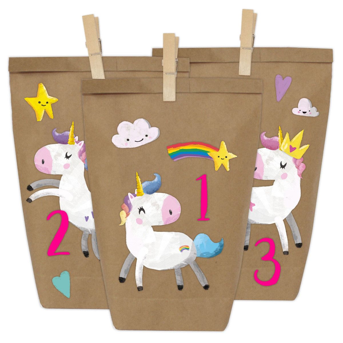 PAPIERDRACHEN DIY-Adventskalender 24 Papiertüten - Motiv Einhorn (24-tlg), 22x14x5cm