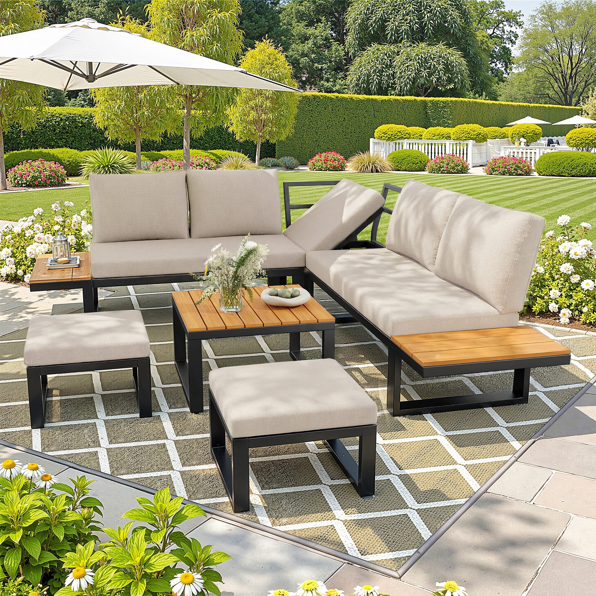 i@home Gartenlounge-Set, verstellbarer Rückenlehne,Sofa,Couchtisch,Hocker, wetterfestes Gestell