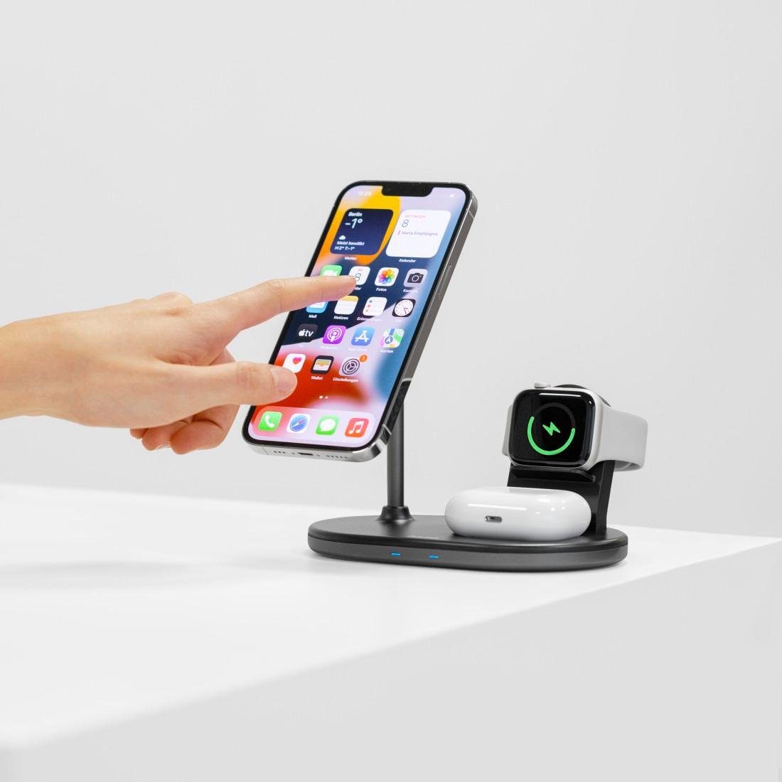 Hama 3in1 Wireless Charger Ladestation für Apple iPhone AirPod Apple Watch Induktions-Ladegerät (mit Pad, Fast-Charge-Technologie, Apple iPhone 12, 13, 14, 15-Modelle)