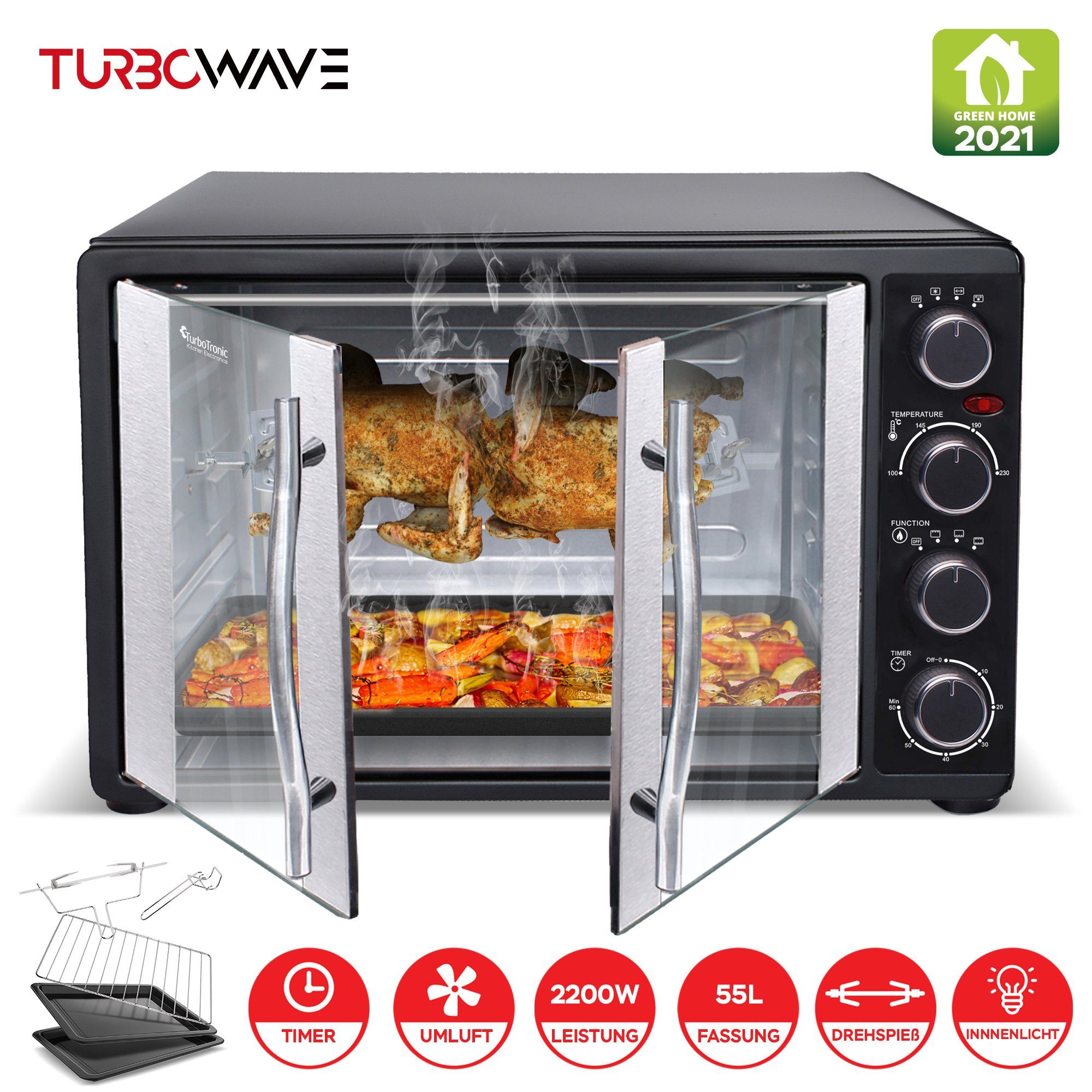 TurboTronic by Z-Line Minibackofen 55 L mit Umluft Drehspieß 2200W 2x Backblech Gitter Kompakt Elektro, Mini Tisch Backofen Camping Pizzaofen Klein/Groß