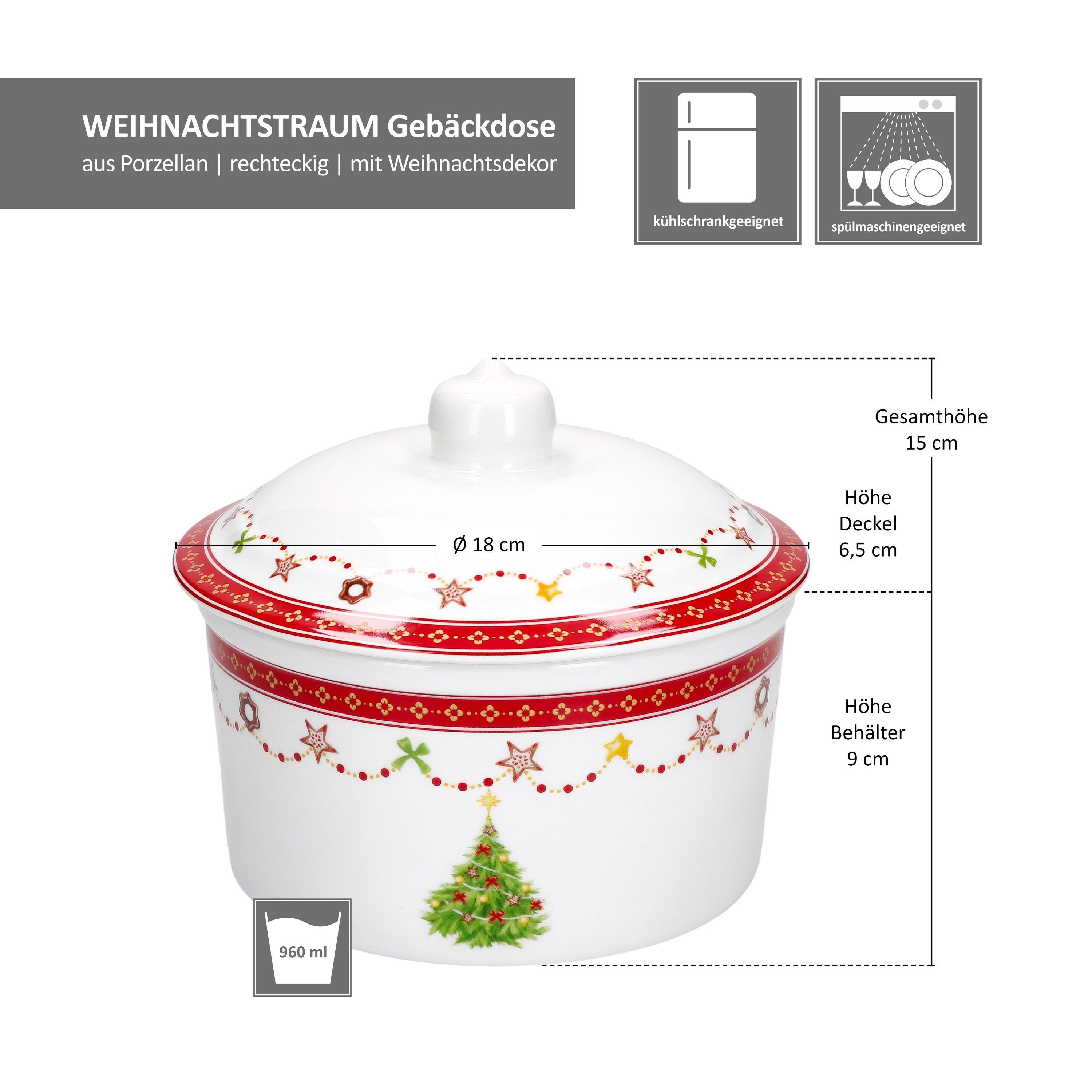 Porzellan Keks-Box, Vorratsglas 960ml rund MamboCat Porzellan Gebäckdose Weihnachten Weihnachtstraum