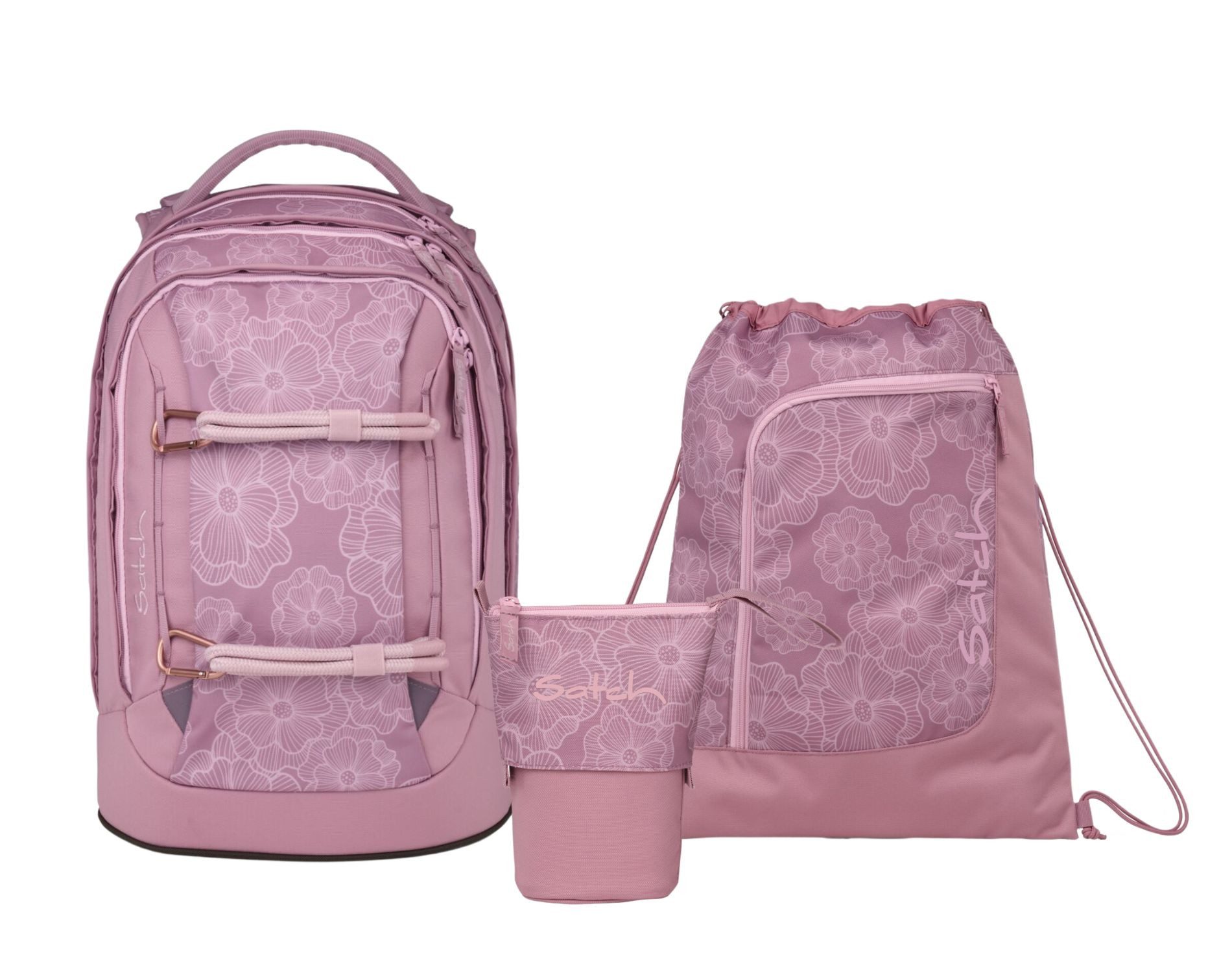 Satch Schulranzen Schulrucksack-Set PACK Magnolia Dream 3-teilig (3-teilig), ergonomisch, Your-Size-System, 5 Fächer