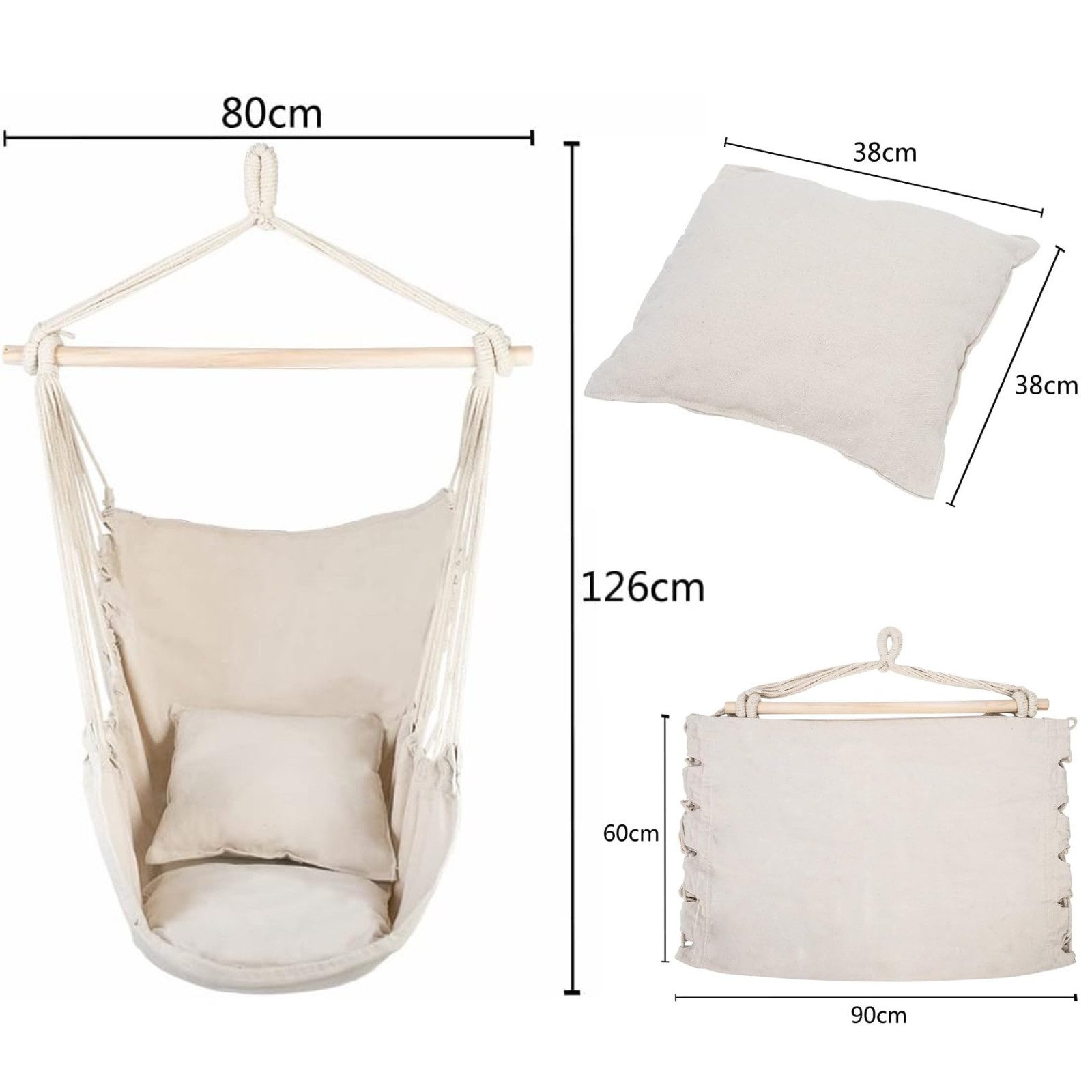 LALAHO Hängesessel Hängematte mit 2 Kissen, Tragkraft 100 kg, für Indoor Outdoor Garten, Beige – Bild 2 von 5