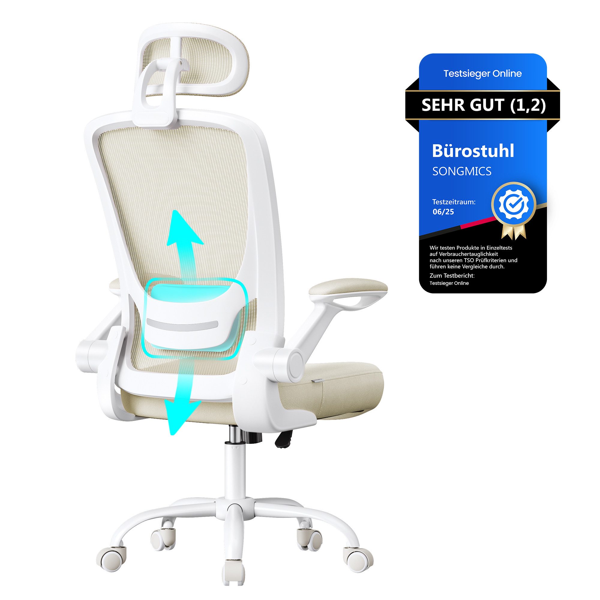 SONGMICS Bürostuhl, ergonomisch, Drehstuhl mit Mesh, Wippfunktion, klappbare Armlehnen