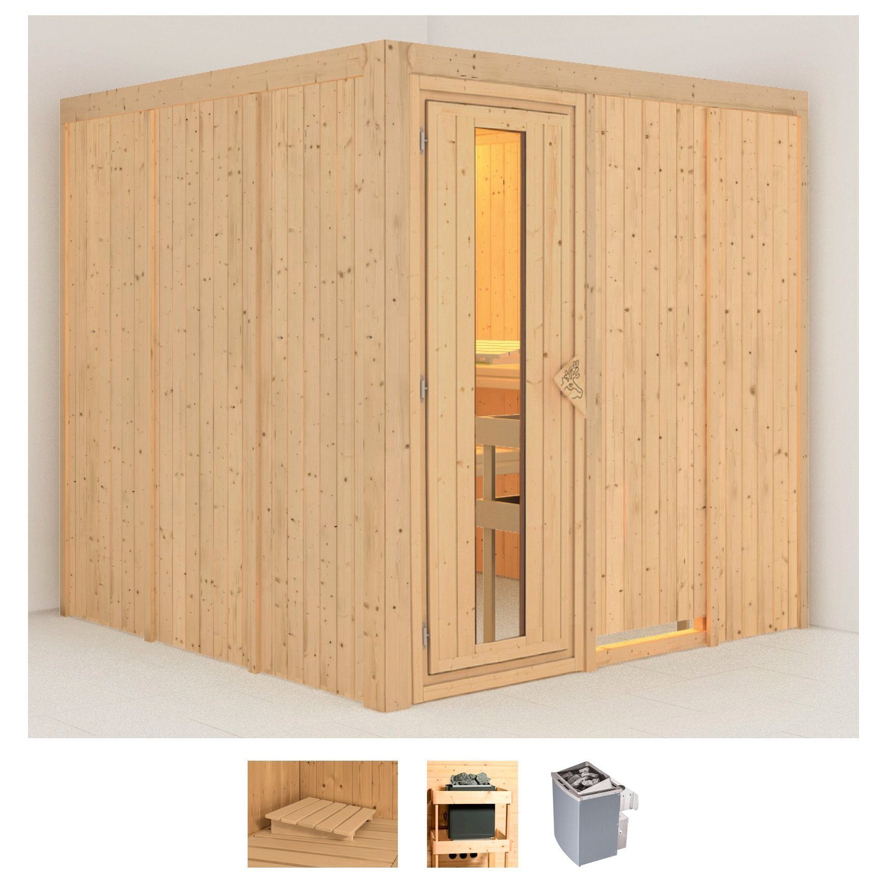 Karibu Sauna Rodin, BxTxH: 196 x 196 x 198 cm, 68 mm, (Set) Ofen 9 kW integr. Strg