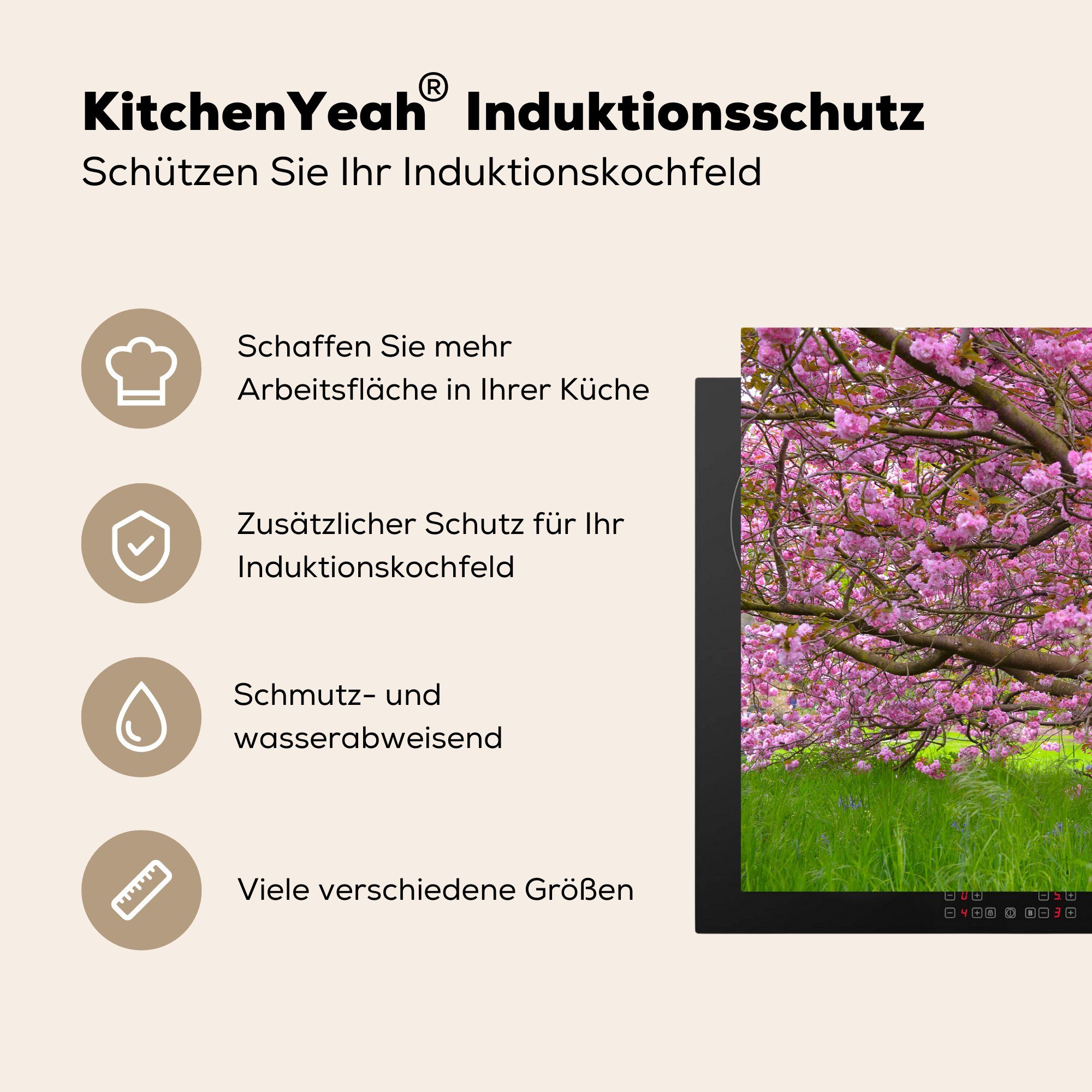 (1 - Induktionskochfeld küche, Schutz für Herdblende-/Abdeckplatte - die 81x52 Kirschbaum cm, tlg), Blüte Vinyl, MuchoWow Rosa, Ceranfeldabdeckung