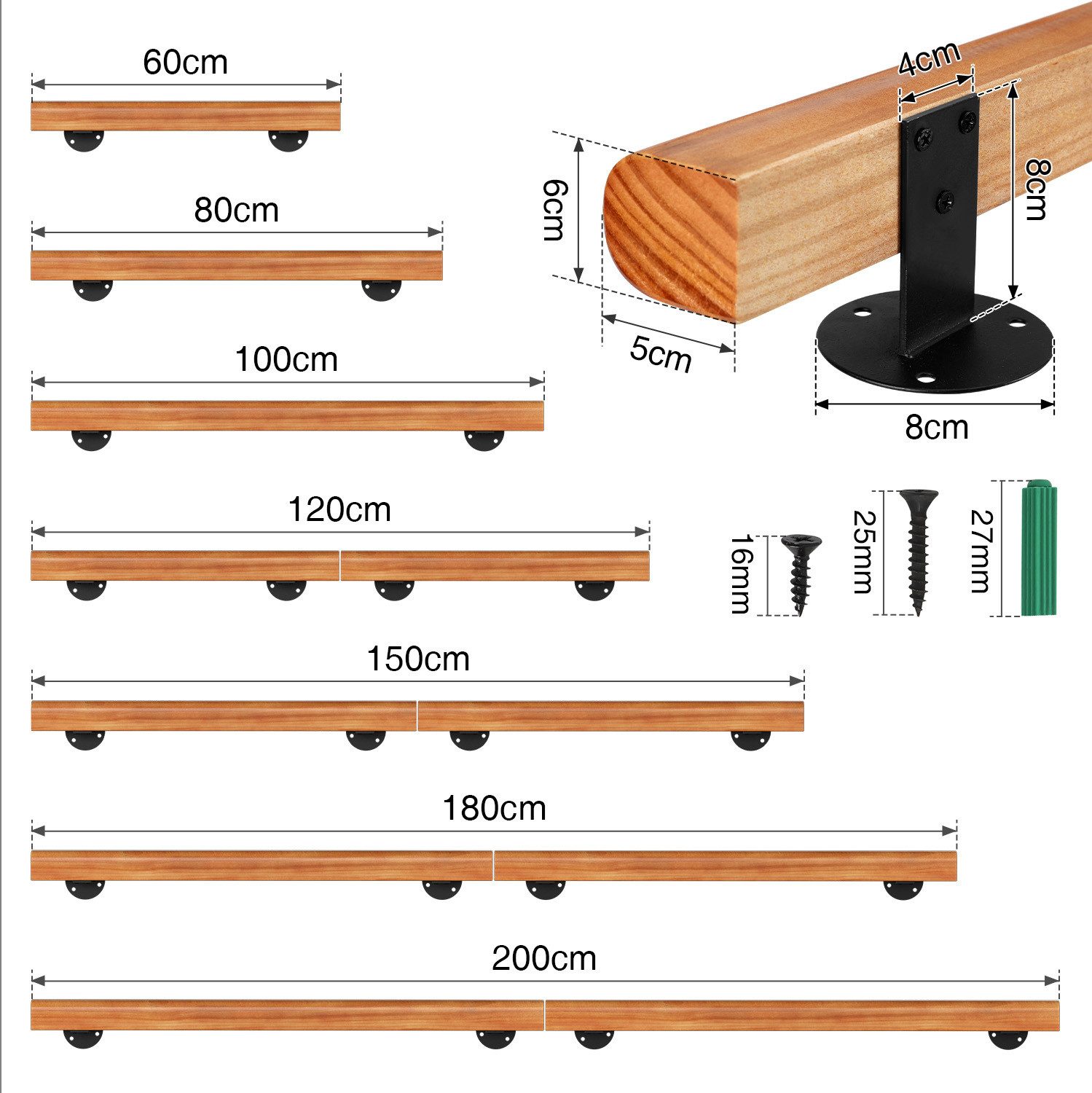 Clanmacy Handlauf Buche Handlauf 60cm Geländer Handlaufträger Hauseingang Wandhalter80, 60 cm Gesamtlänge, (Wandhandlauf Wandhalterung Innen & Außen), Wandhandl – Bild 2 von 5