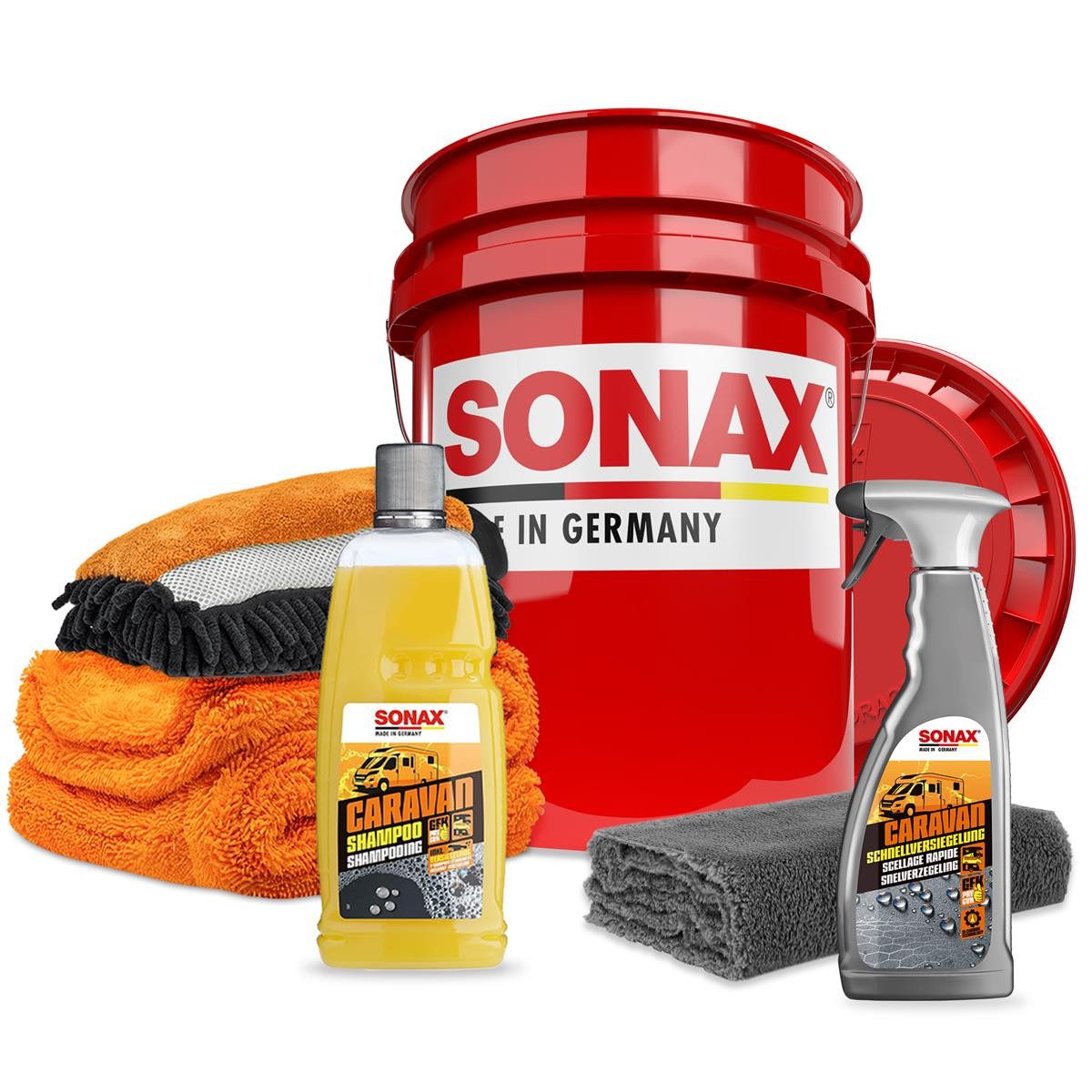 Sonax Reinigungs-Set SONAX Caravan Sets, inkl. Waschhandschuh, Trockentuch, Wascheimer, Schnellversiegelung
