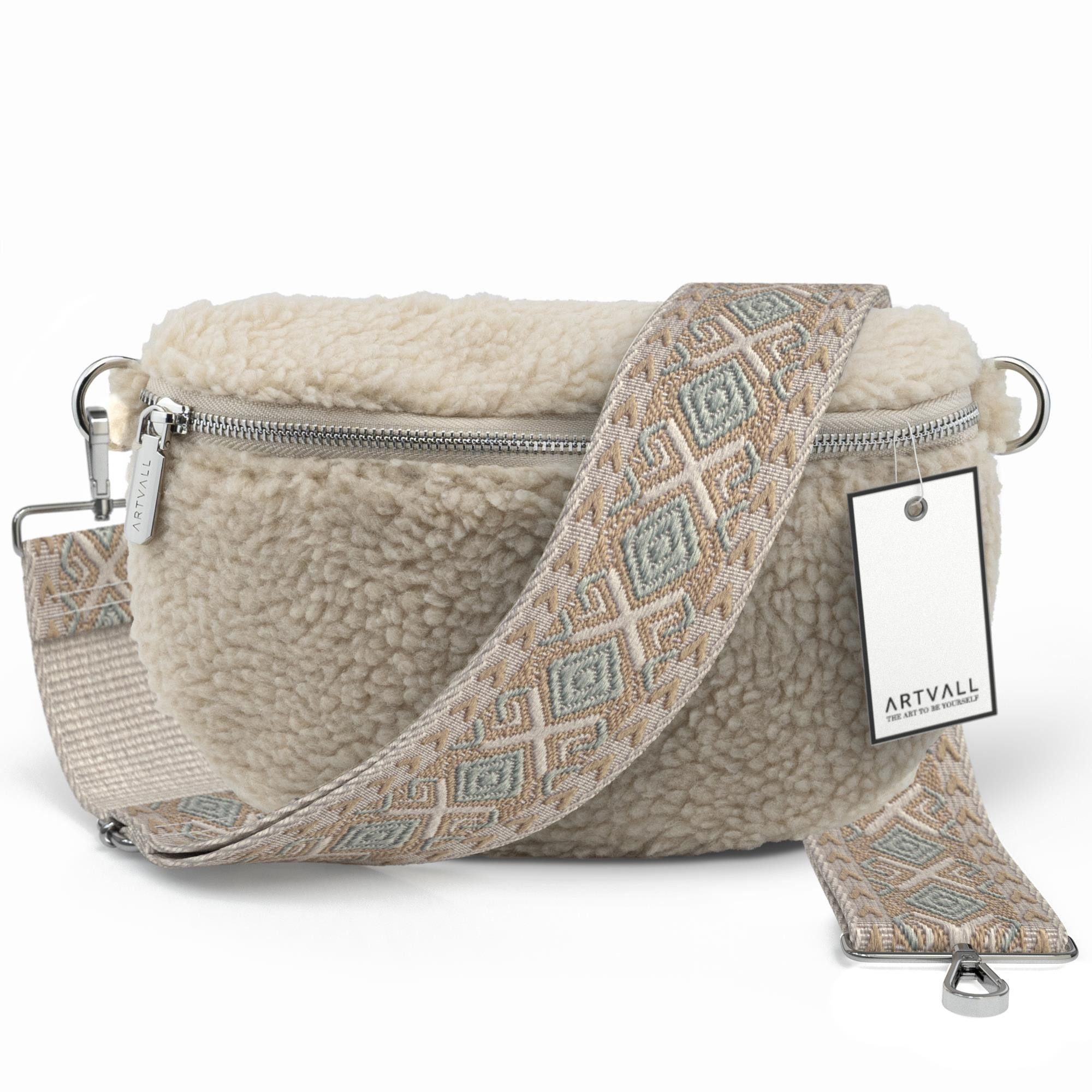 ARTVALL Umhängetasche Teddy Handtasche Brusttasche Schultertasche Beige, Bauchtasche Teddytasche mit breitem Band Plüsch Tasche flauschig Klein