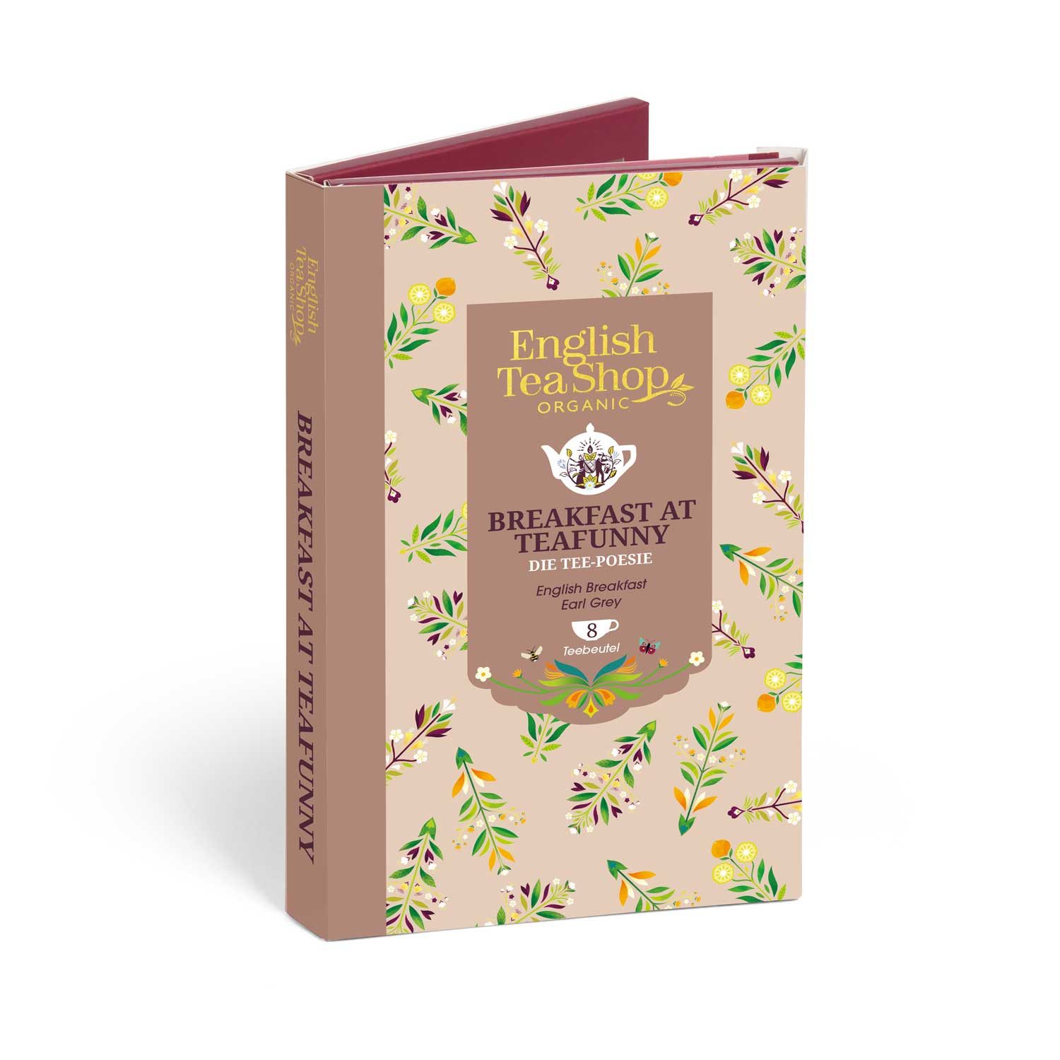 English Tea Shop Tee Geschenk Tee-Poesie "Breakfast at Teafunny", 8 Teebeutel, BIO, 2 Sorten schwarzer koffeinhaltiger Frühstückstee.